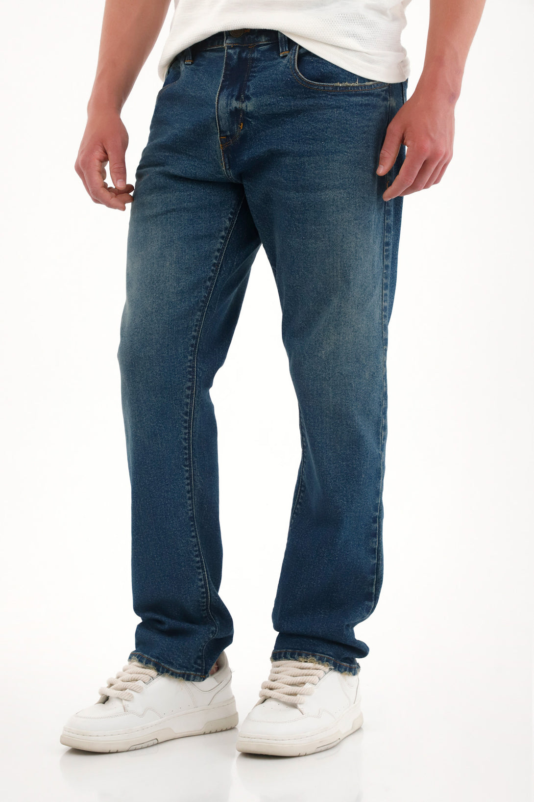 Men's Mid-Rise Straight Jeans with 3D Wrinkles