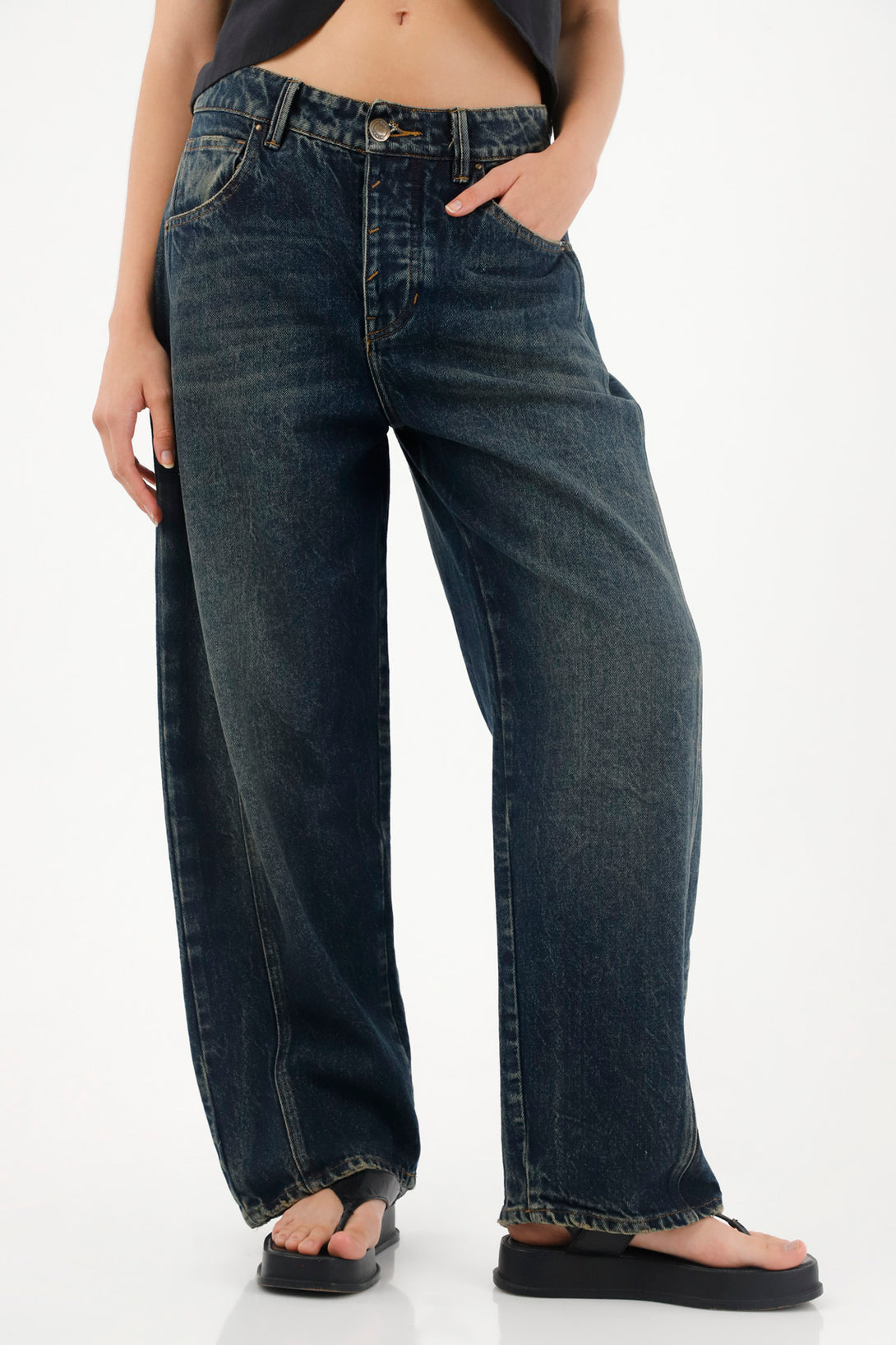 Jean Horseshoe de tiro bajo azul oscuro para mujer