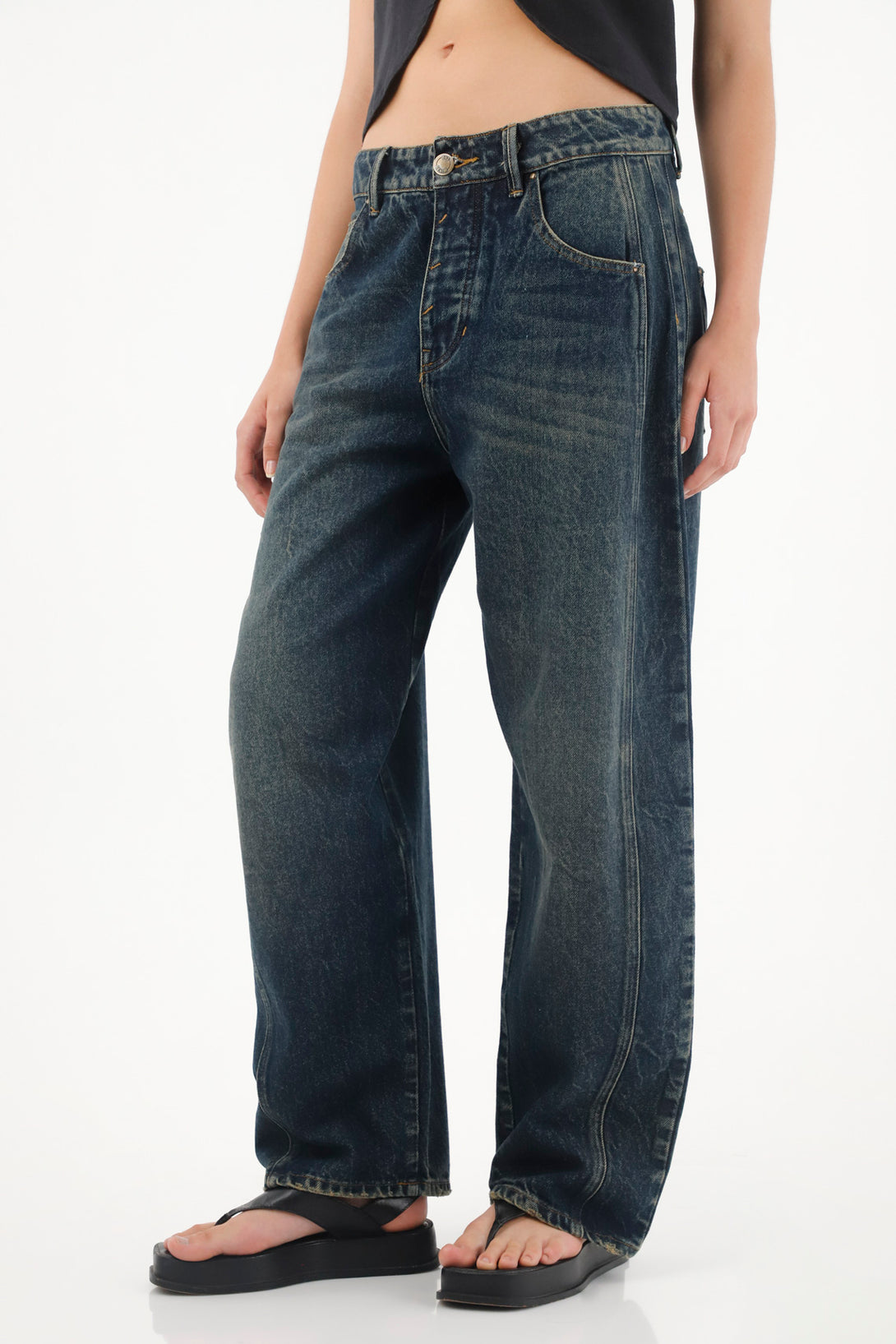 Jean Horseshoe de tiro bajo azul oscuro para mujer