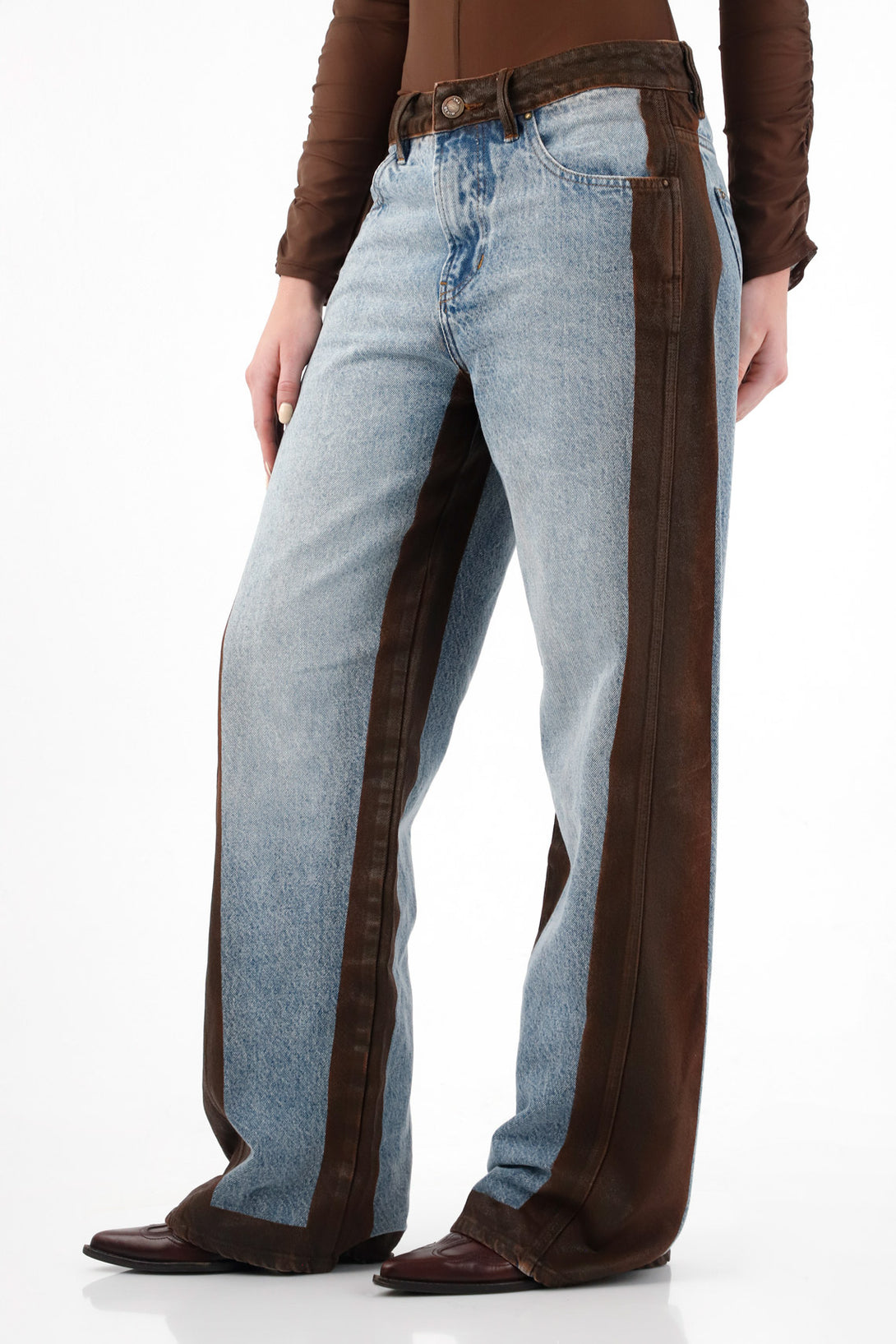 Jean Wide Leg con bloques en efecto cuero para mujer