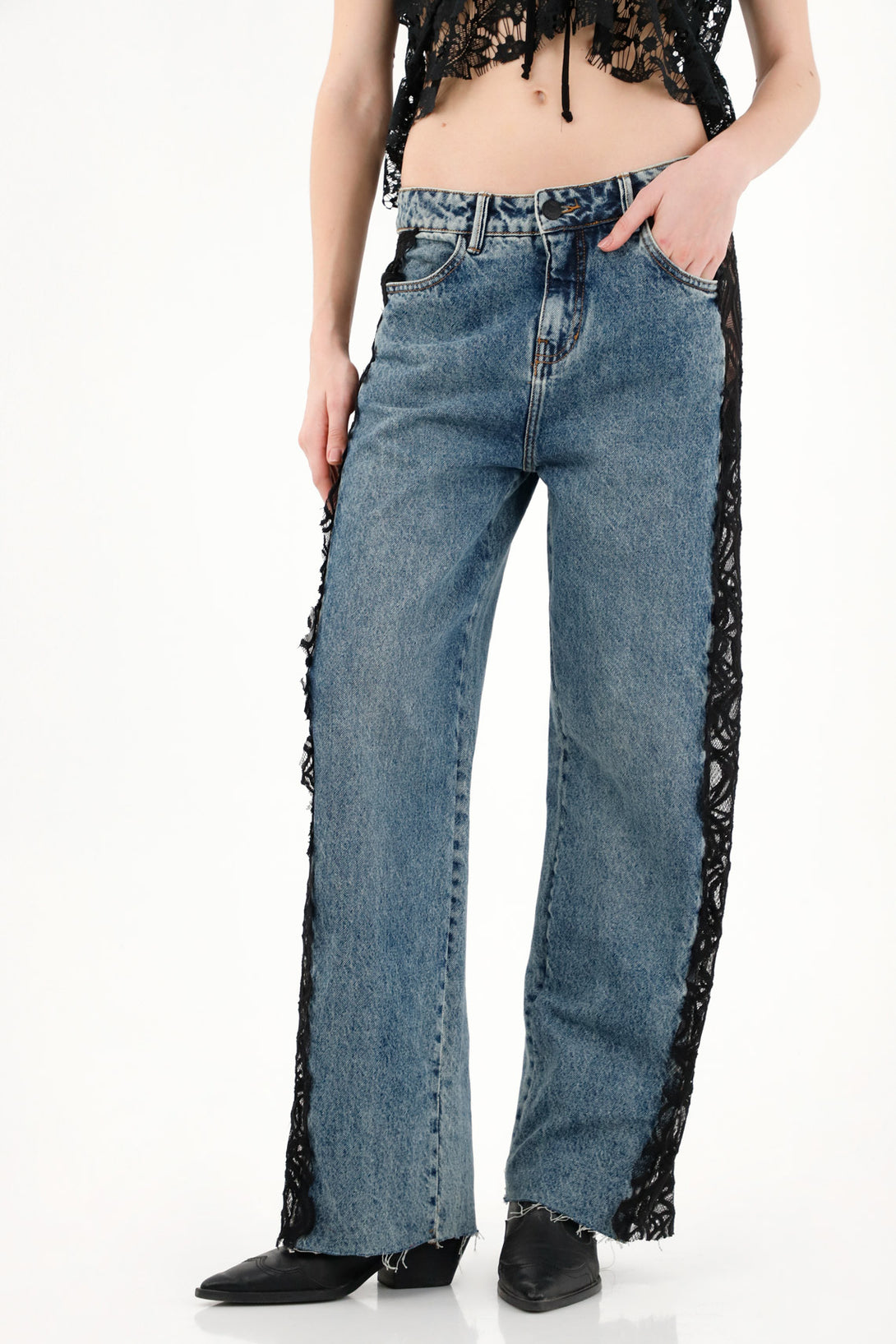 Jean Wide Leg con encaje en contraste para mujer
