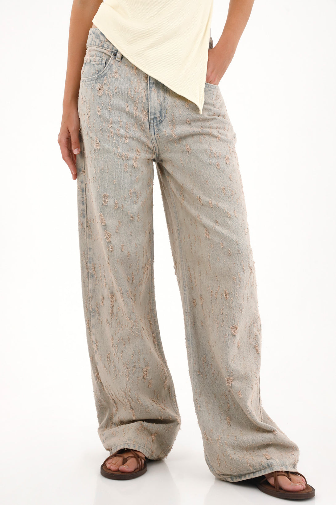 Jean Wide Leg de tiro alto con desgastes y textura para mujer