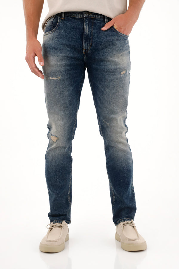 Blue Distressed Straight Jeans for Men