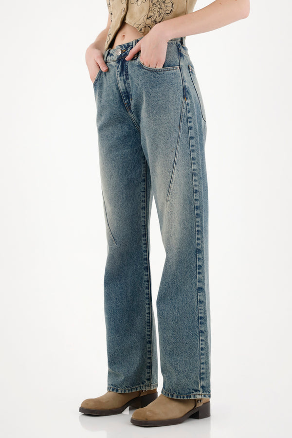 Jean Wide Leg tiro alto azul para mujer