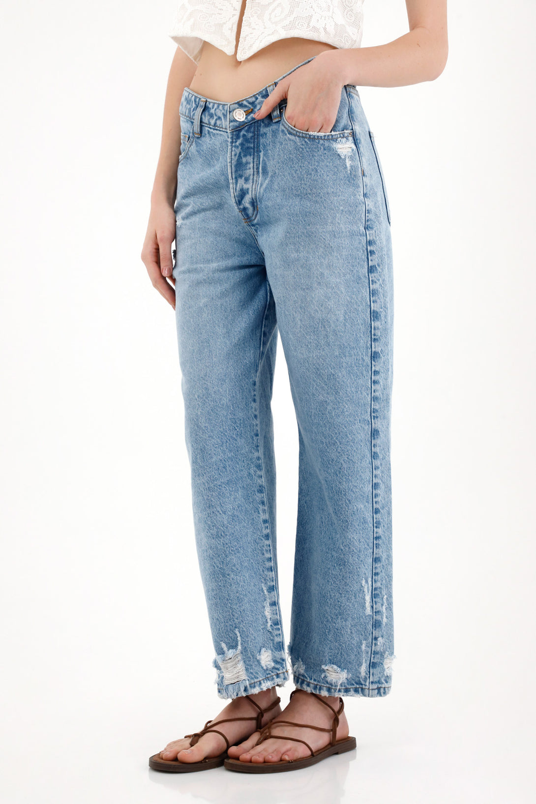 Straight Jeans with Distressed Detailing in Blue for Women