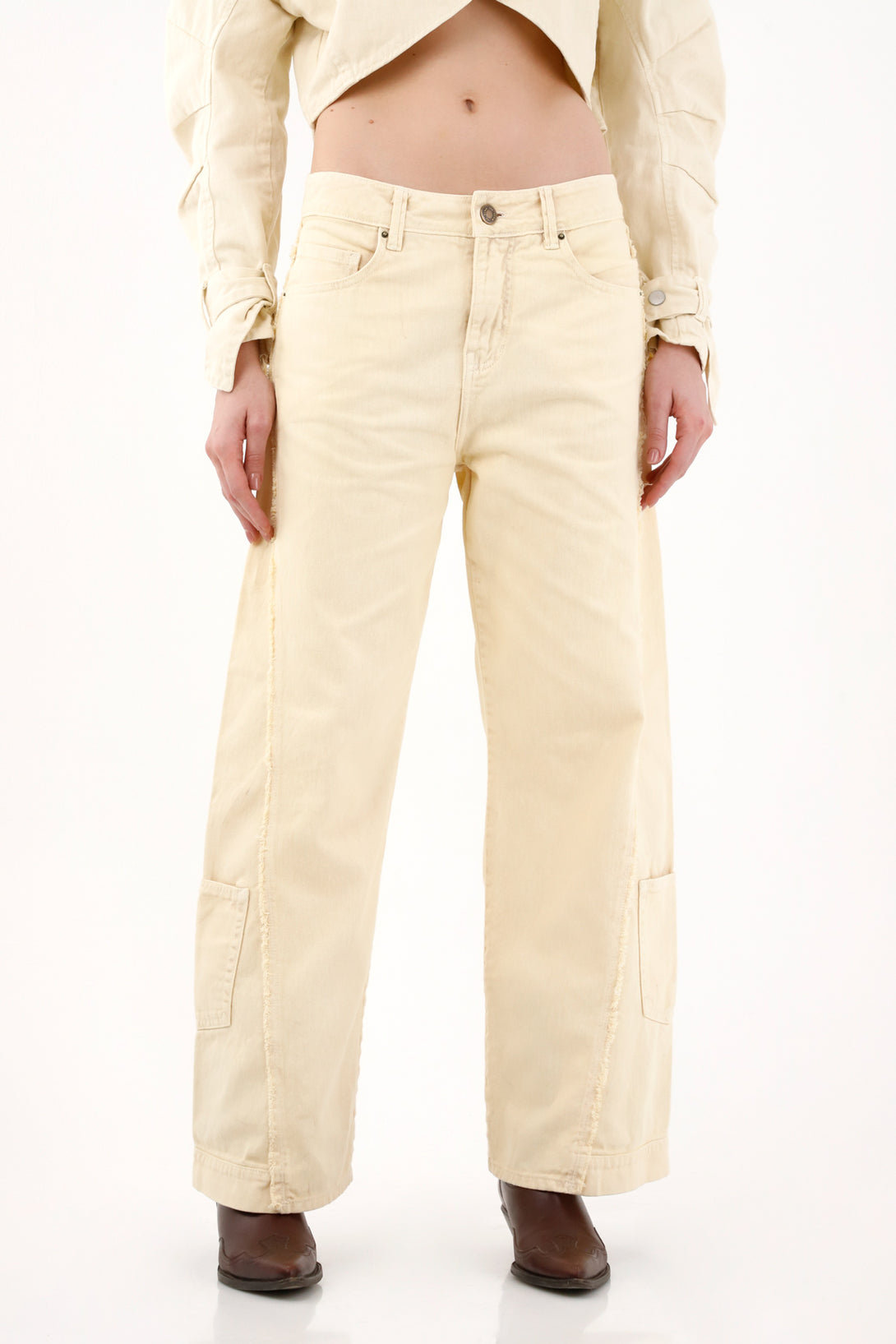 Yellow Wide Leg Jeans with Frayed Cuts for Women