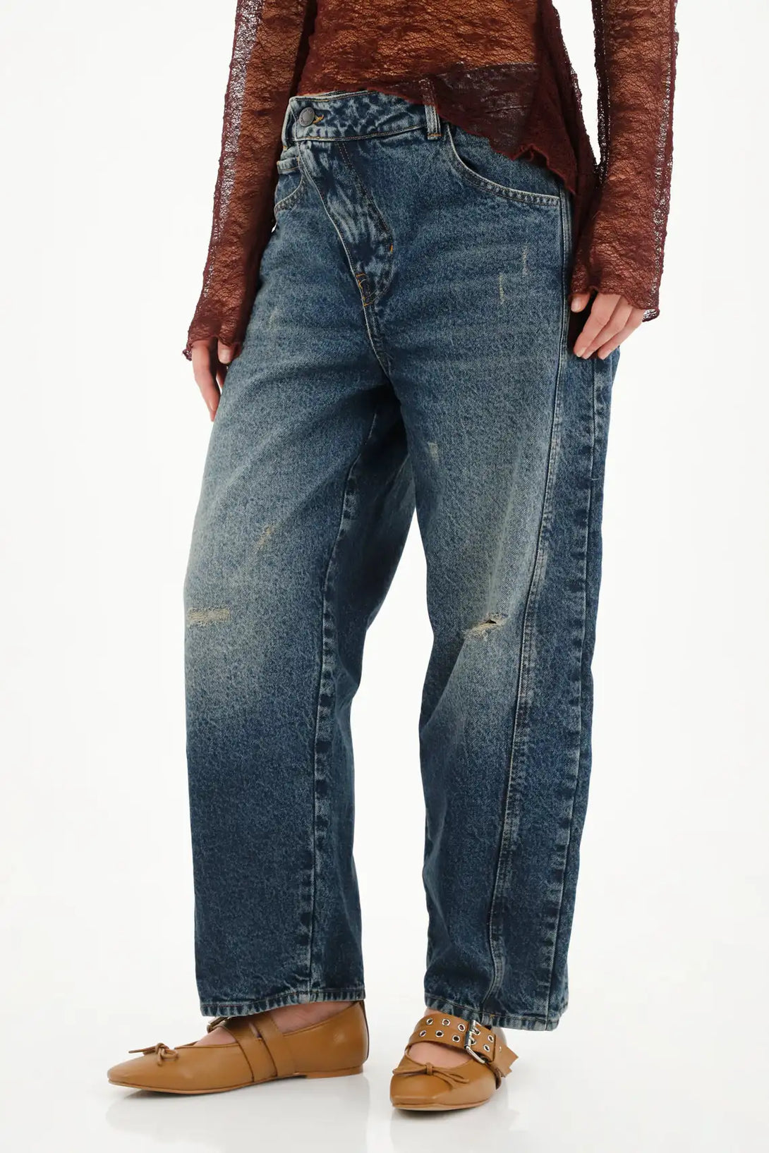 Jean Horseshoe tiro bajo con rotos azul para mujer