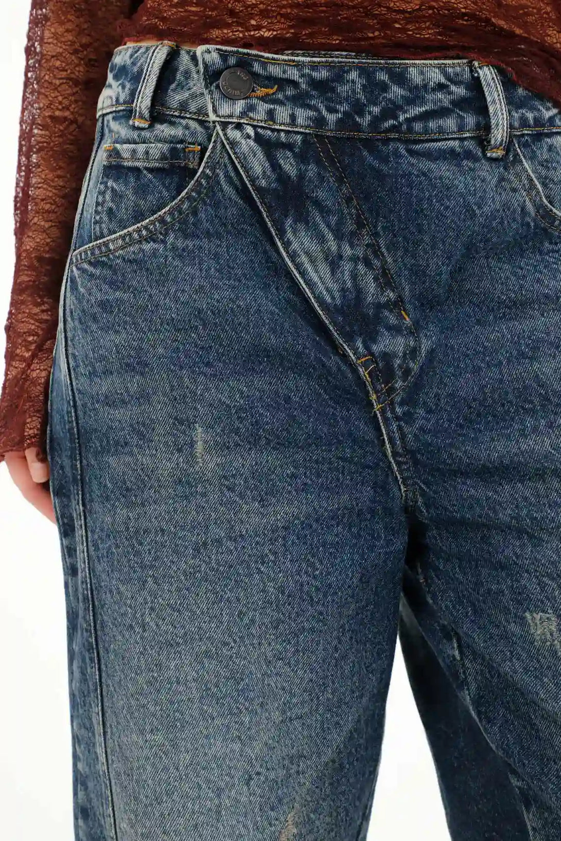Jean Horseshoe tiro bajo con rotos azul para mujer