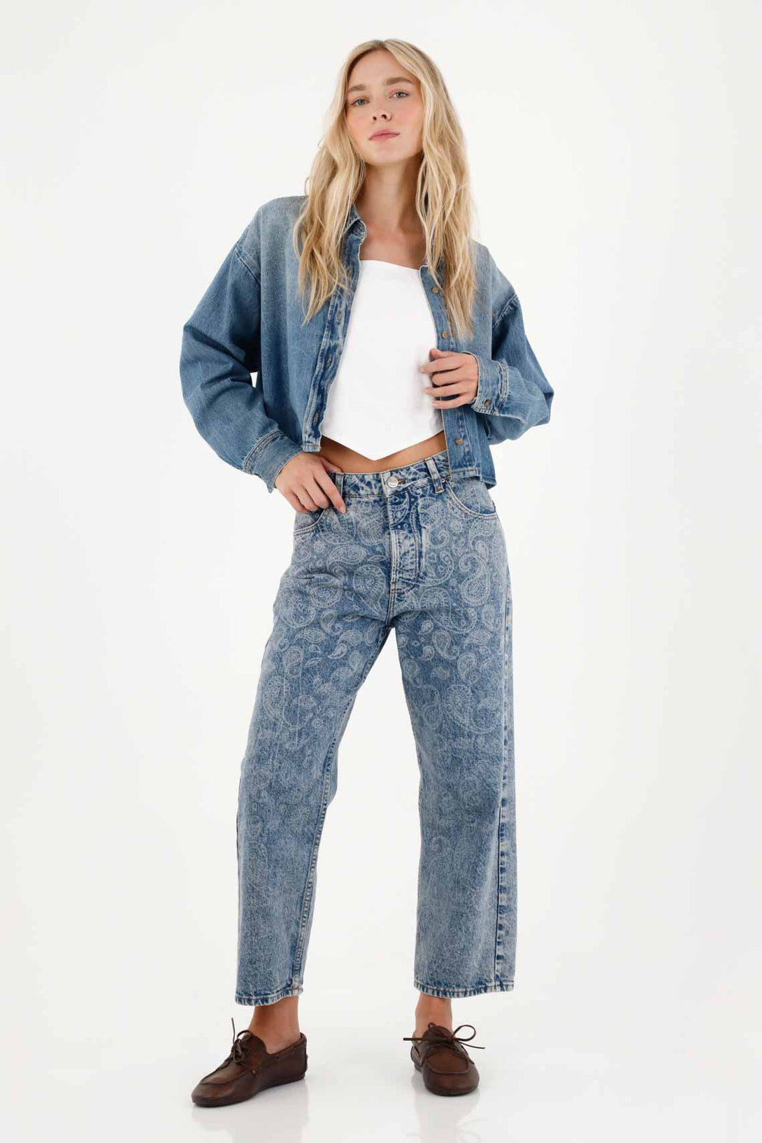 Straight Jeans with Blue Paisley Design for Women