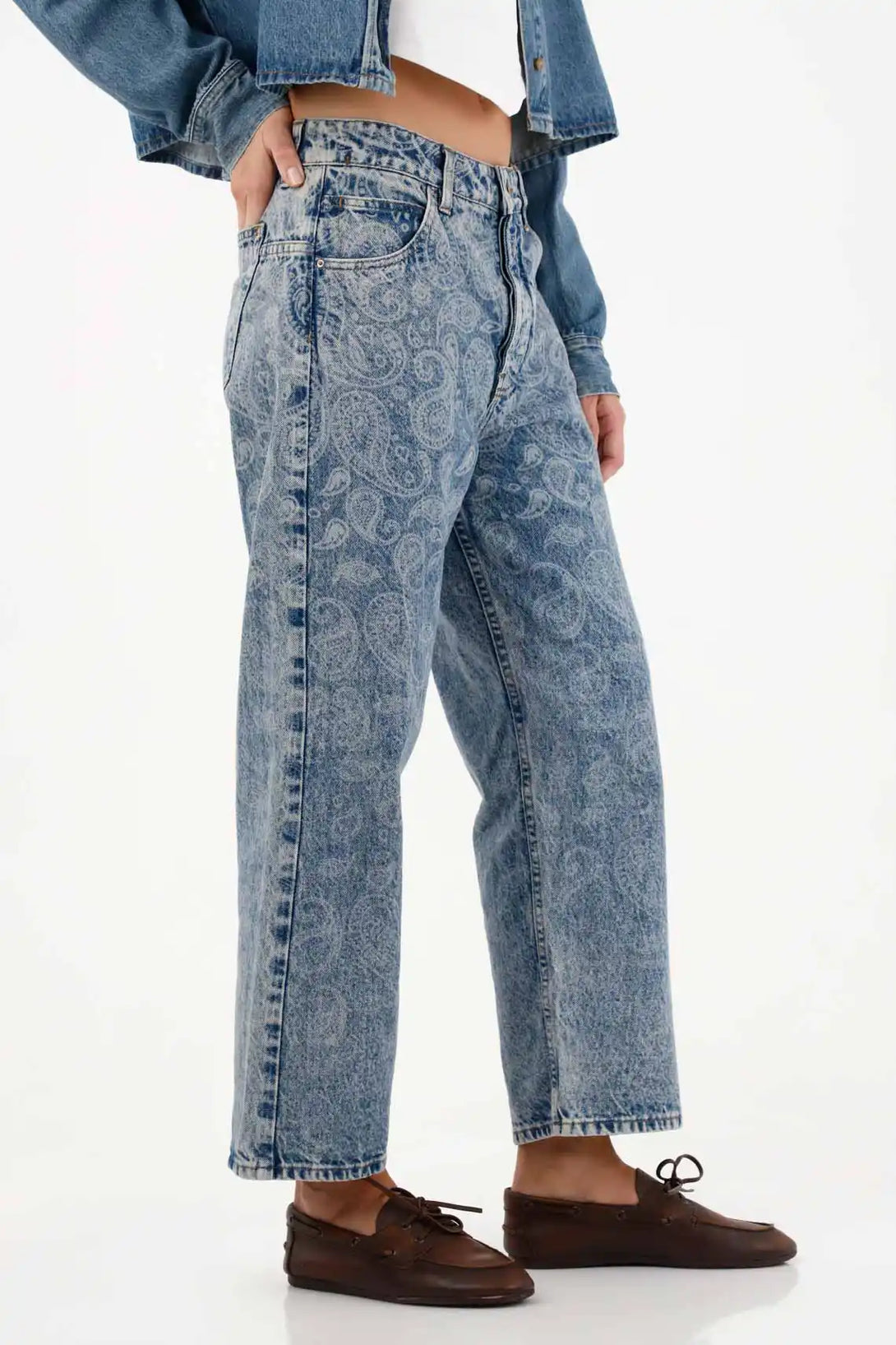 Straight Jeans with Blue Paisley Design for Women