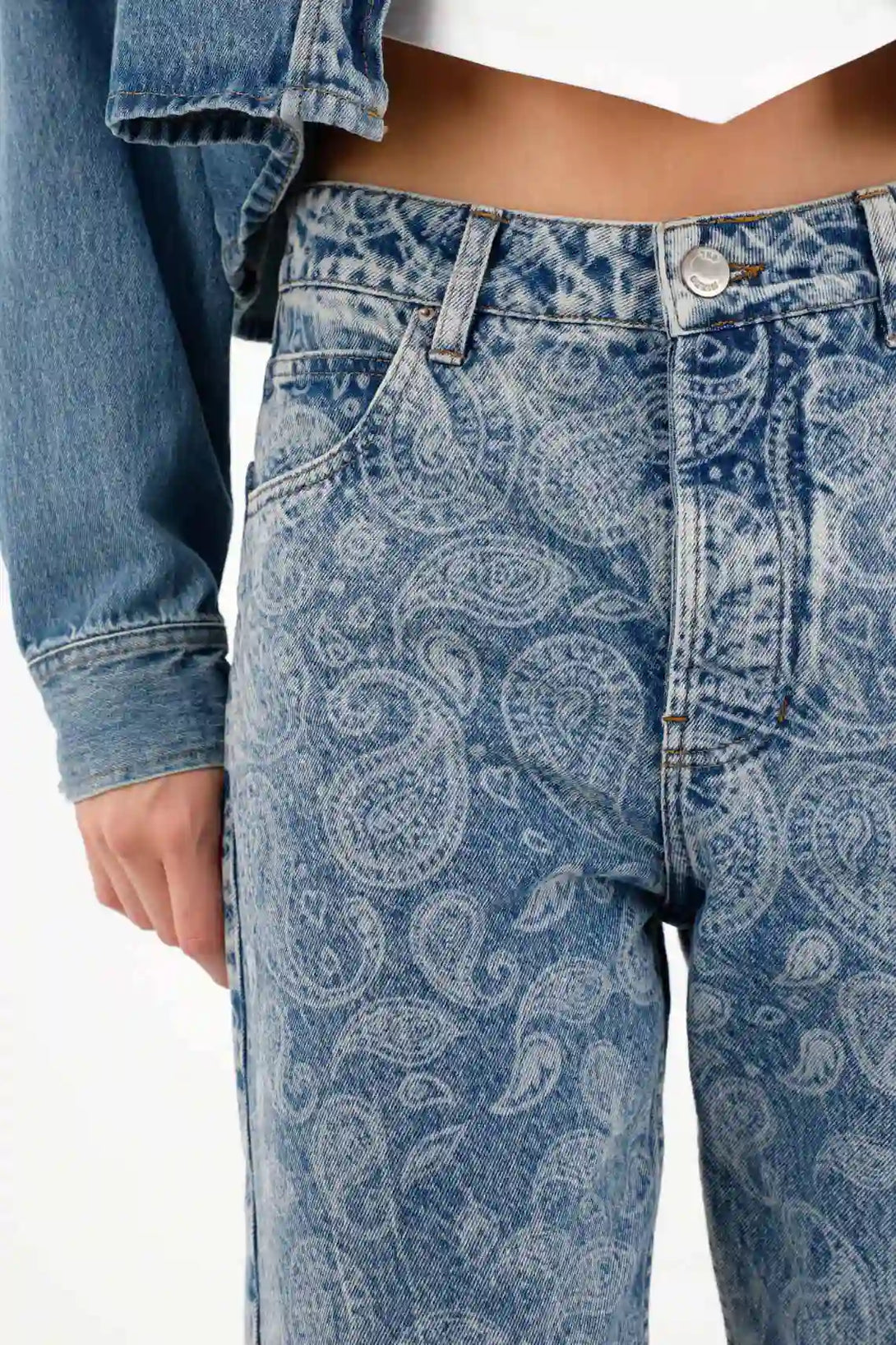 Straight Jeans with Blue Paisley Design for Women