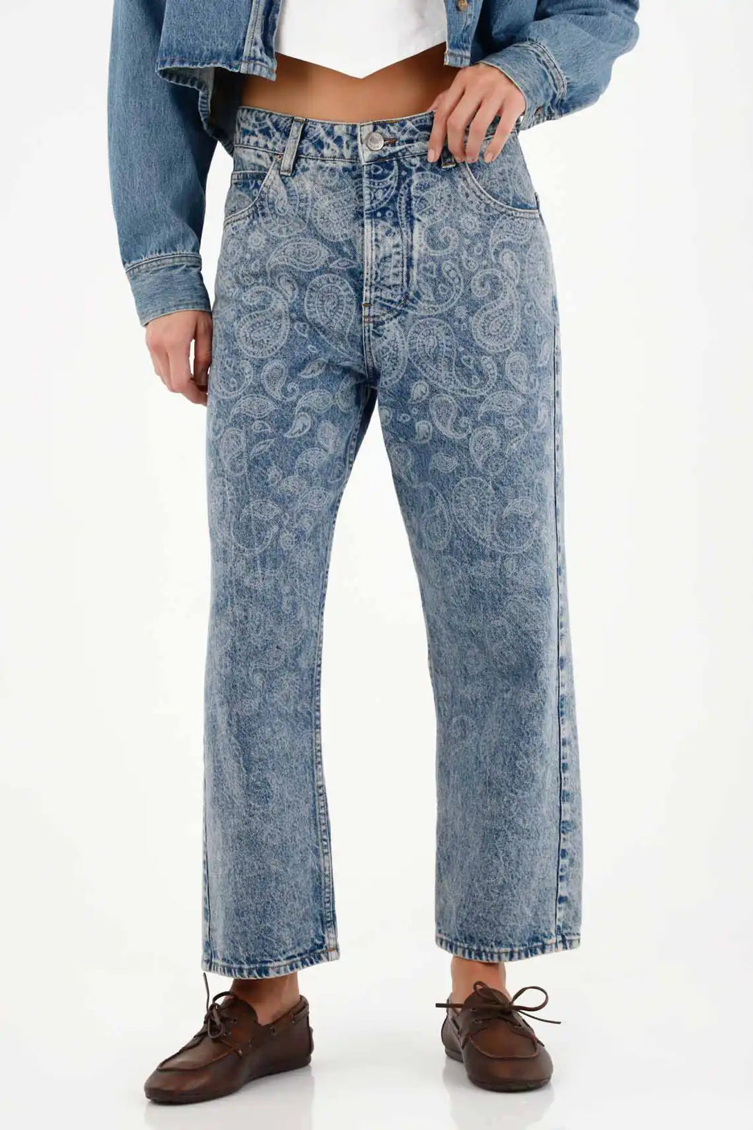 Straight Jeans with Blue Paisley Design for Women
