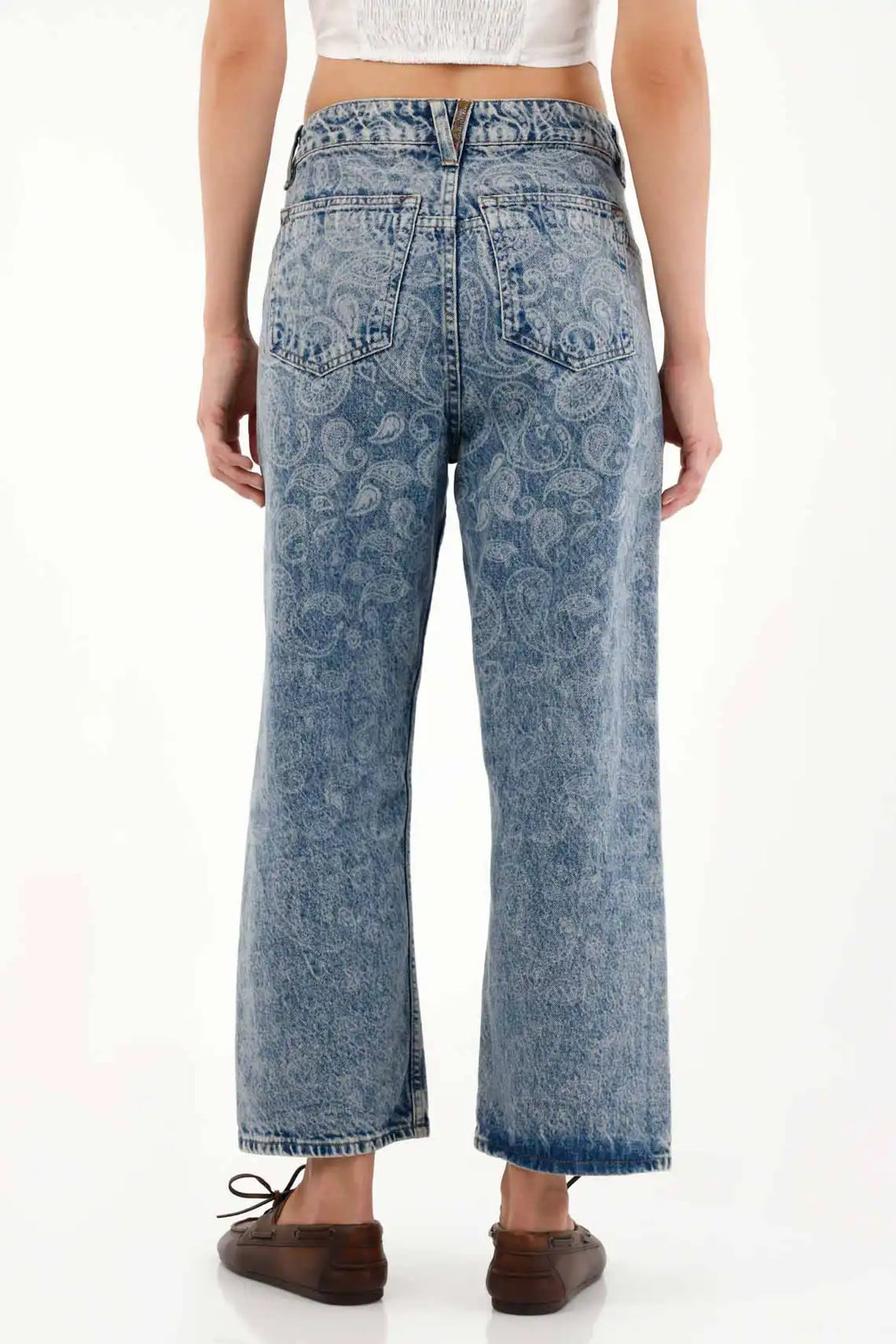 Straight Jeans with Blue Paisley Design for Women
