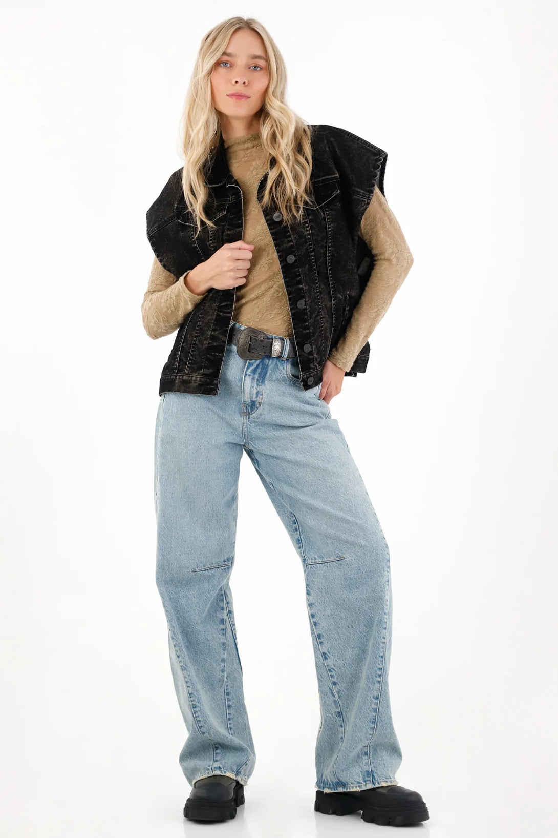 Jean Wide Leg con cortes diagonales azul para mujer