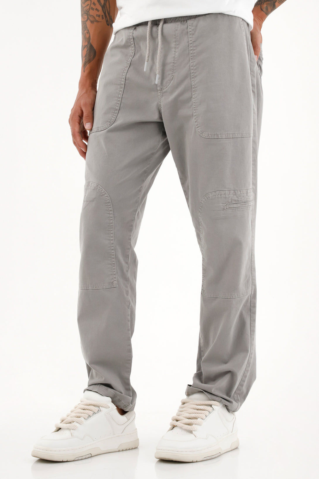 Men's Gray Straight Pants with Elastic Waistband