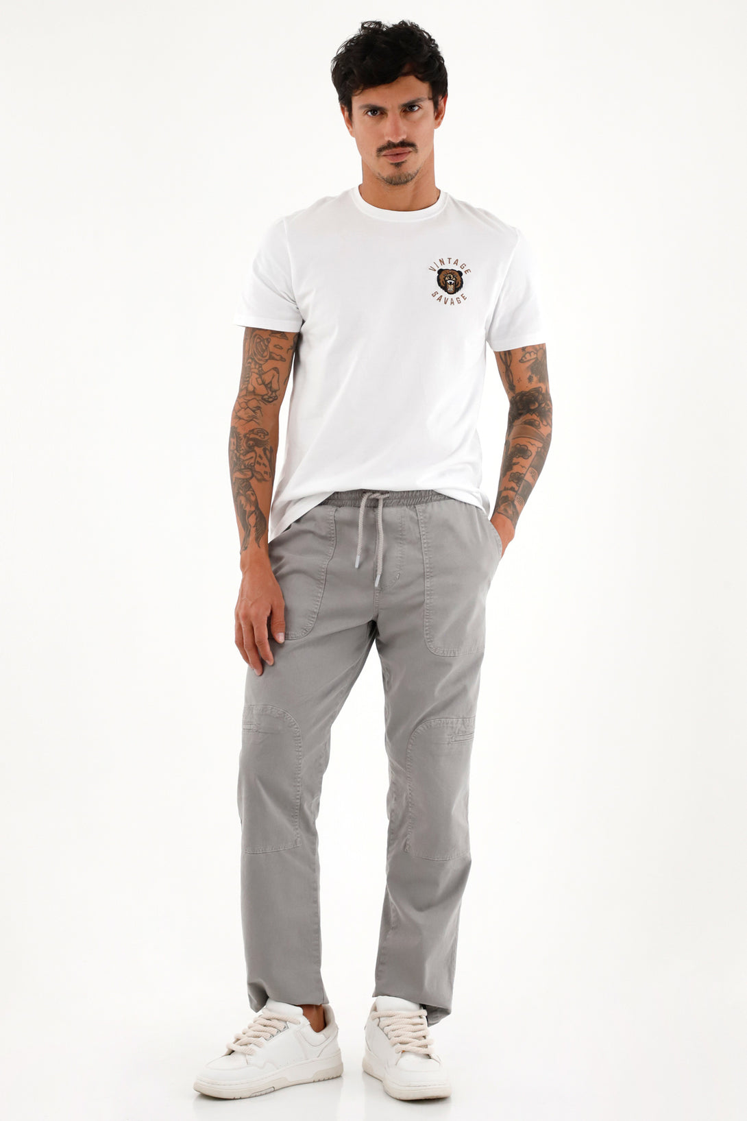 Men's Gray Straight Pants with Elastic Waistband