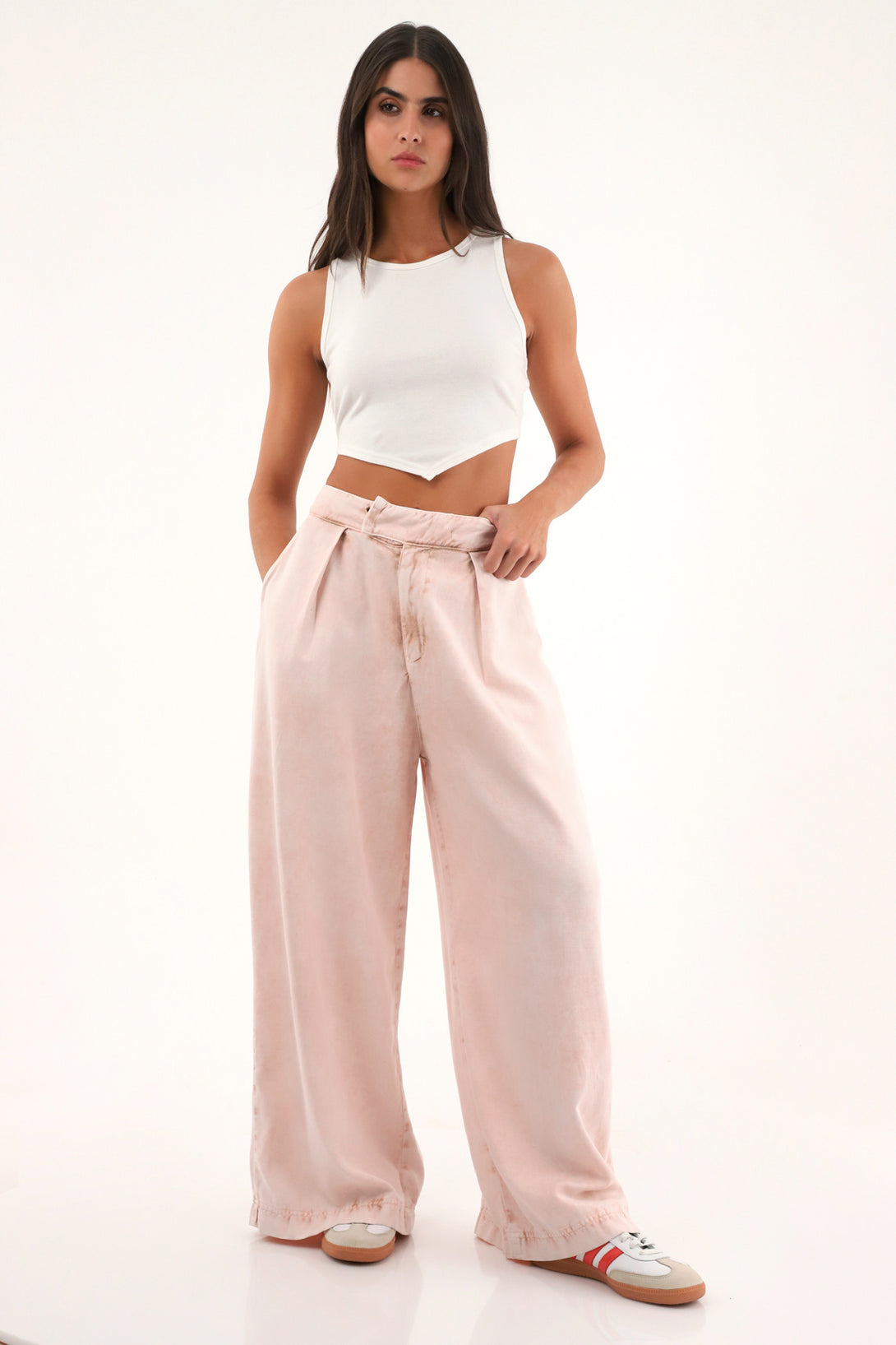 Pantalón Wide Leg tiro alto rosado para mujer