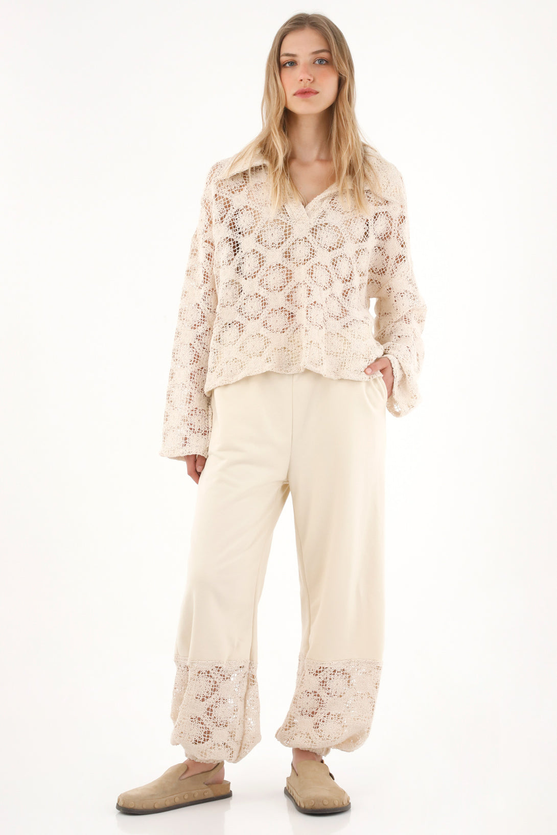 Cream Cargo Pants with Elastic Cuff for Women