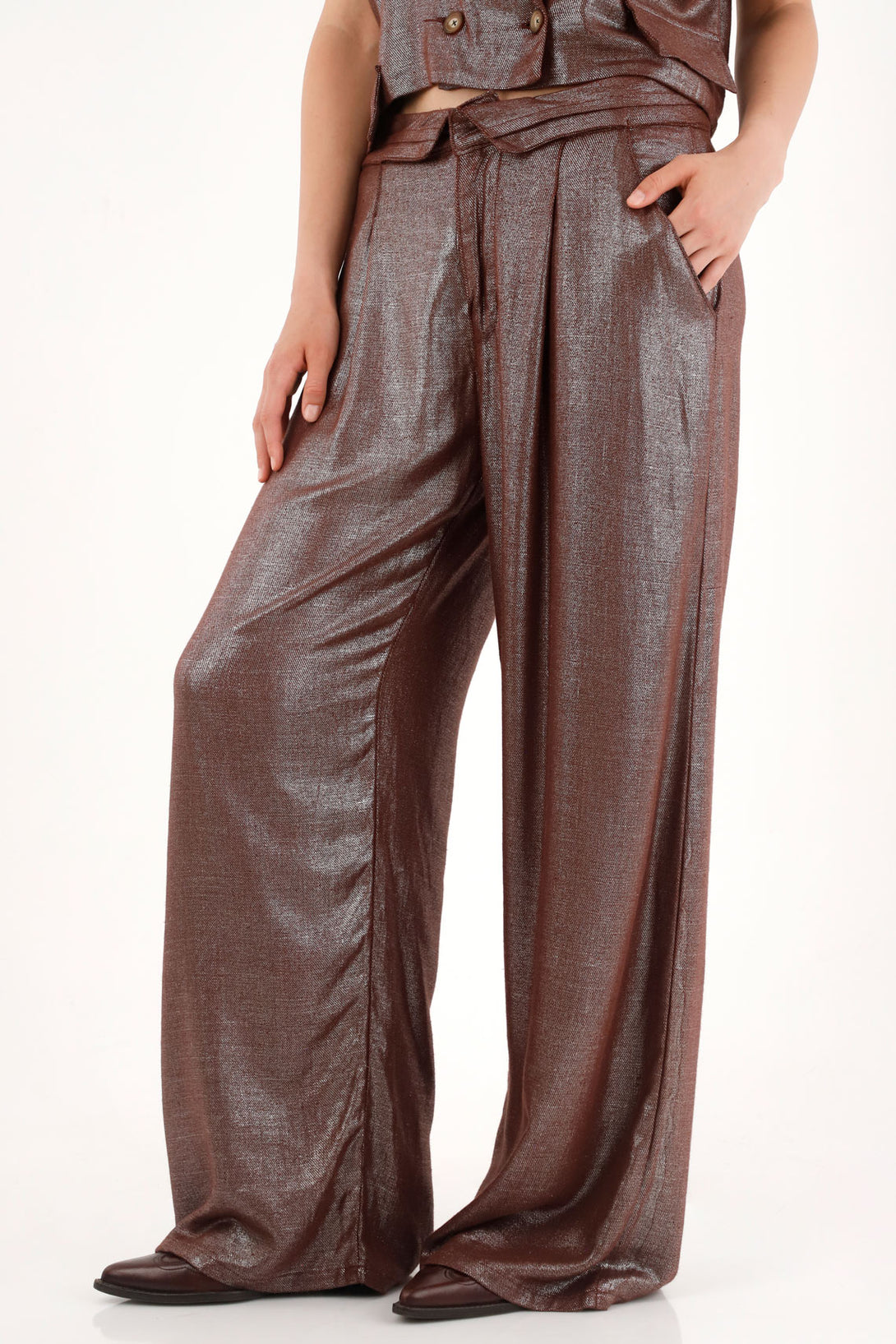 Pantalón Wide Leg efecto metalizado para mujer