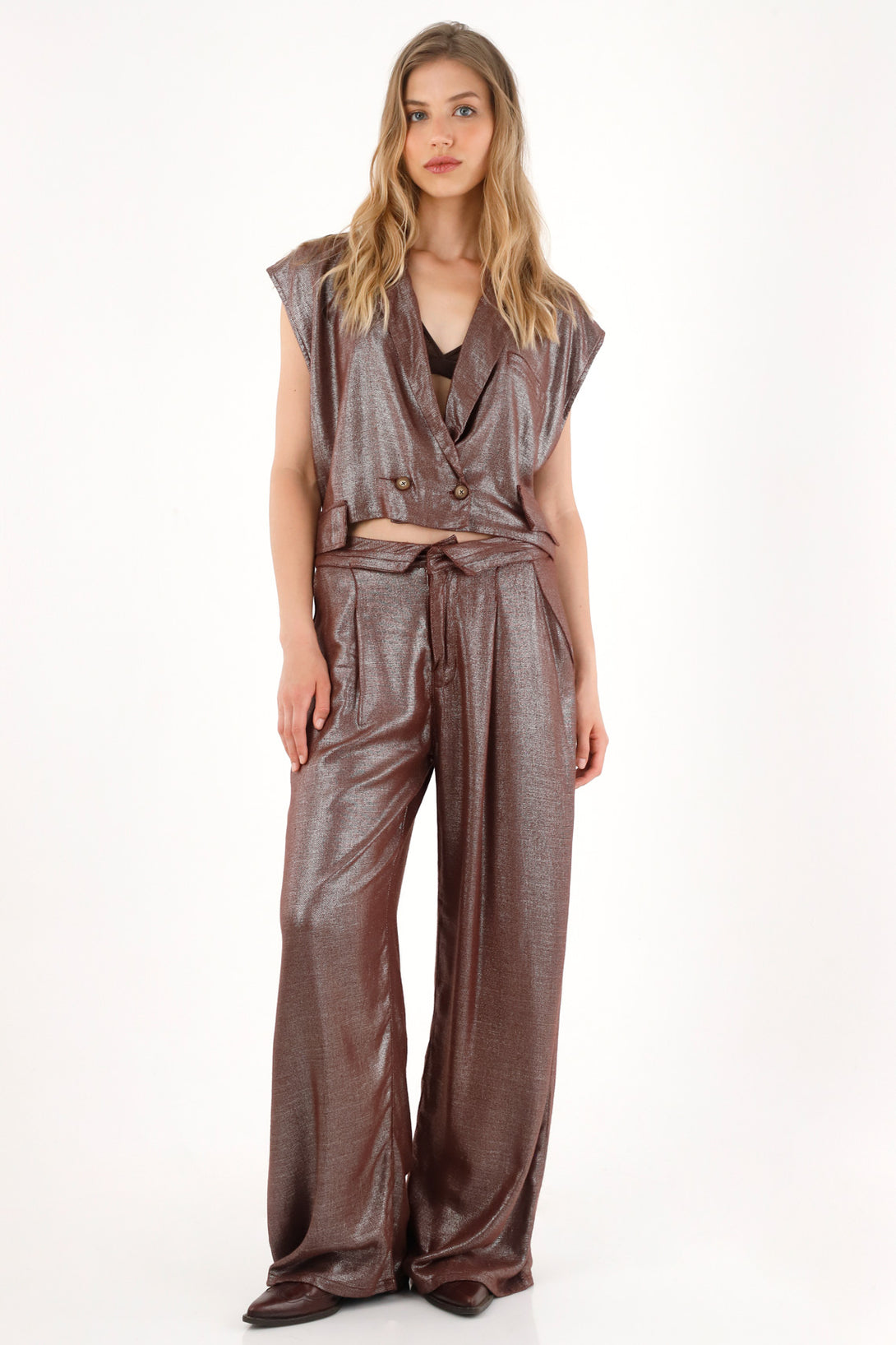 Pantalón Wide Leg efecto metalizado para mujer