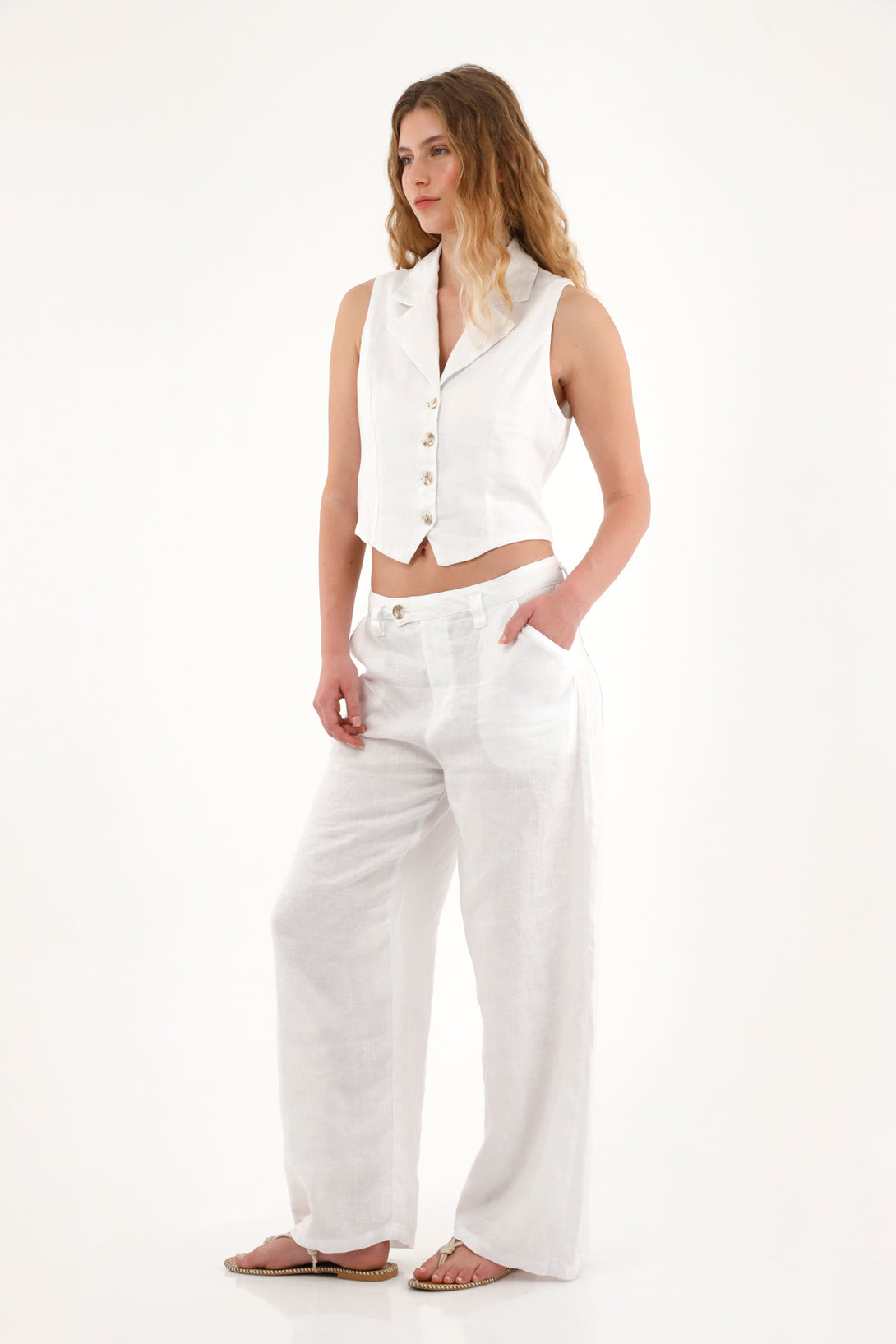 Women's Wide Leg White Linen Pants