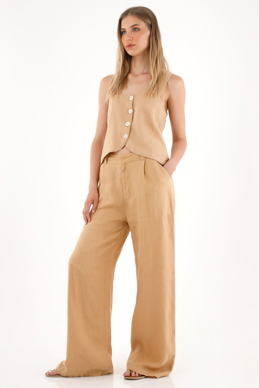 Women's High-Waisted Wide Leg Pants in 100% Linen - Brown