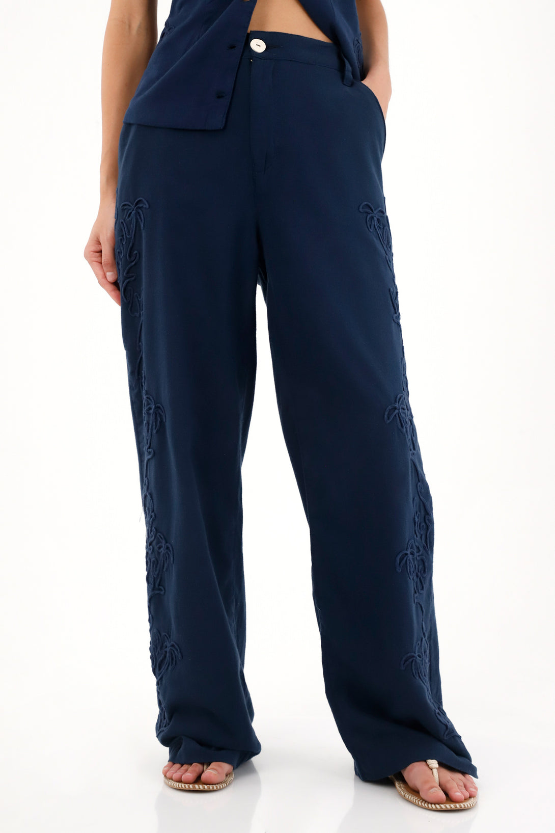 Women's Straight-Leg Pants with Embroidered Details in Blue