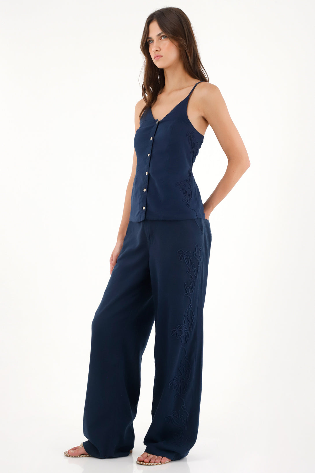 Women's Straight-Leg Pants with Embroidered Details in Blue