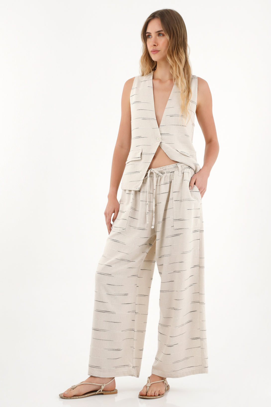 Wide Leg Pants with Embroidered Details and Elastic Waistband for Women