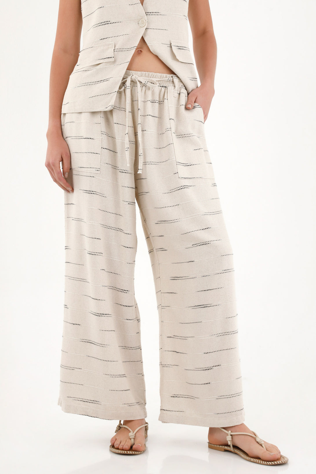 Wide Leg Pants with Embroidered Details and Elastic Waistband for Women