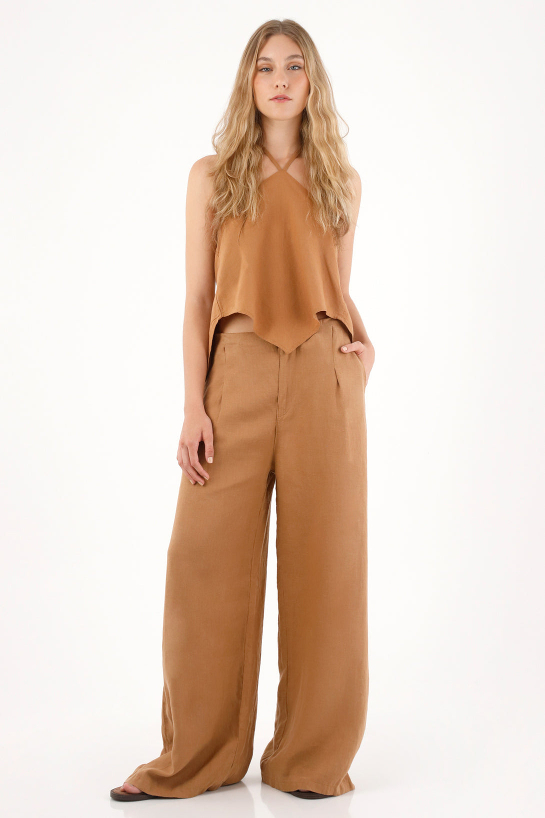 Pantalón Wide Leg en 100% lino café para mujer