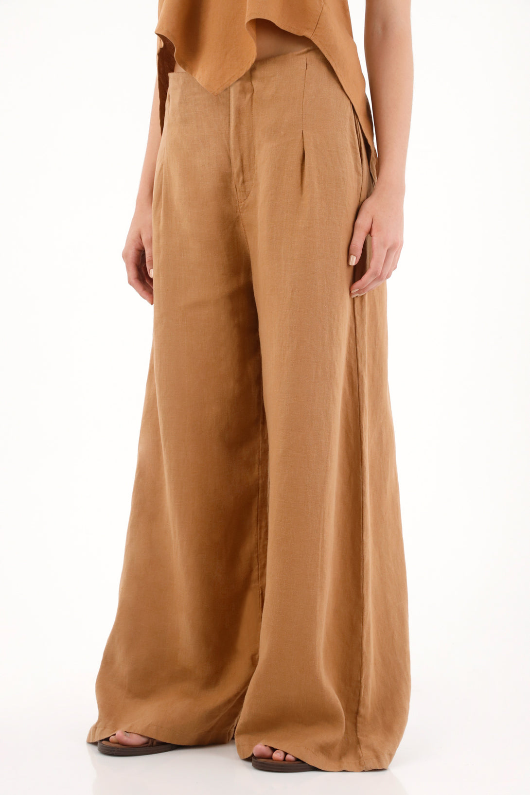 Pantalón Wide Leg en 100% lino café para mujer