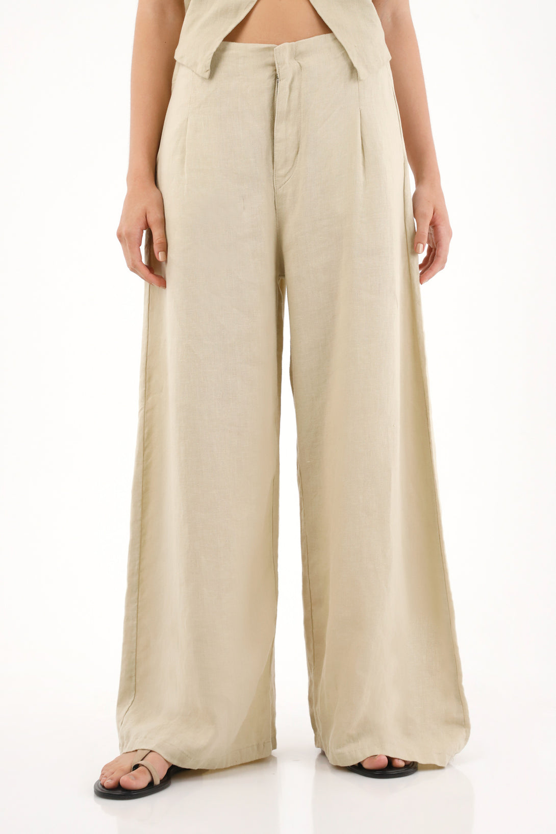 Pantalón Wide Leg en 100% lino café para mujer