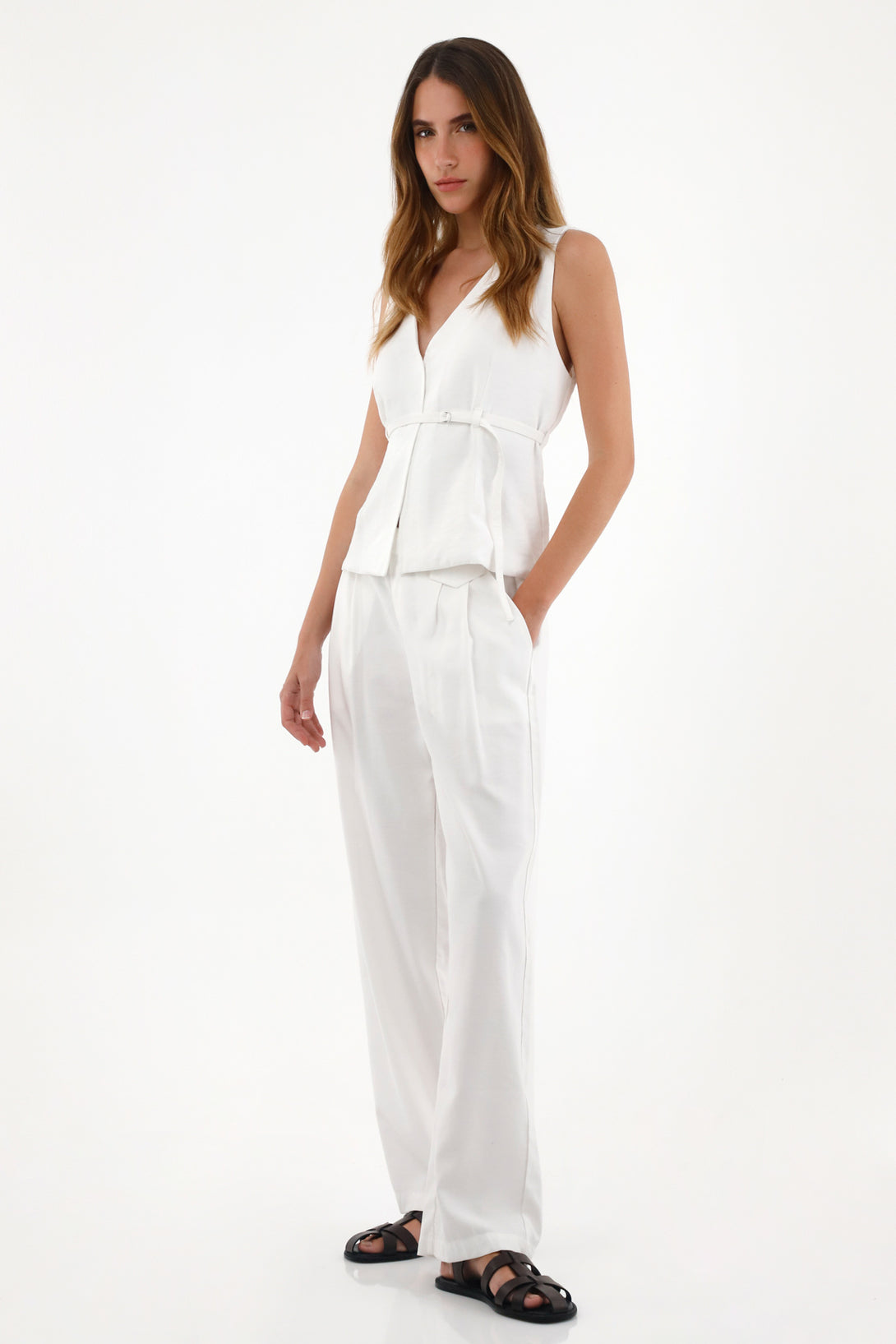 Pantalón Recto con tapa decorativa crudo para mujer