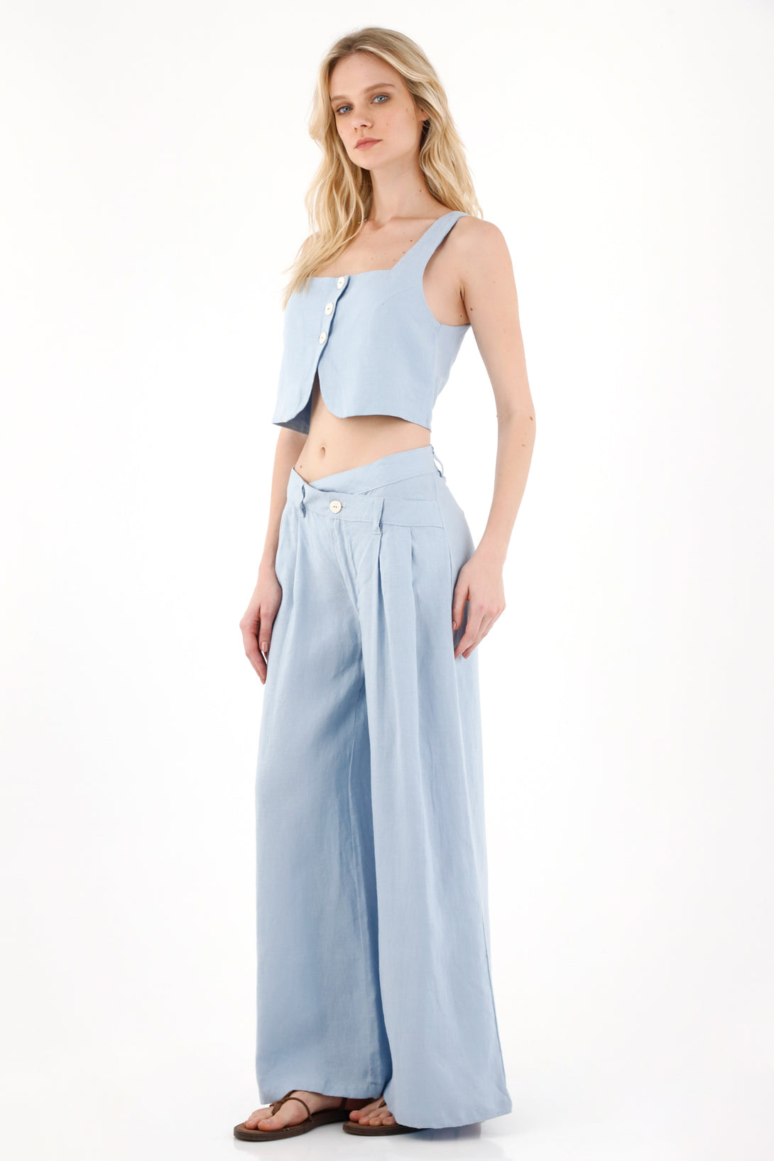 Pantalón en 100% lino azul para mujer