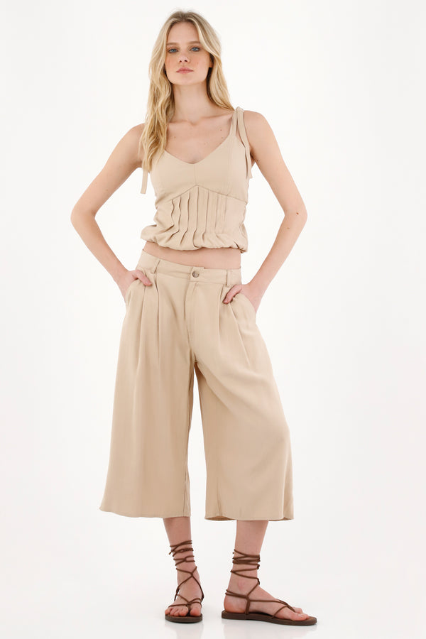 Women's wide leg pants with brown hemline
