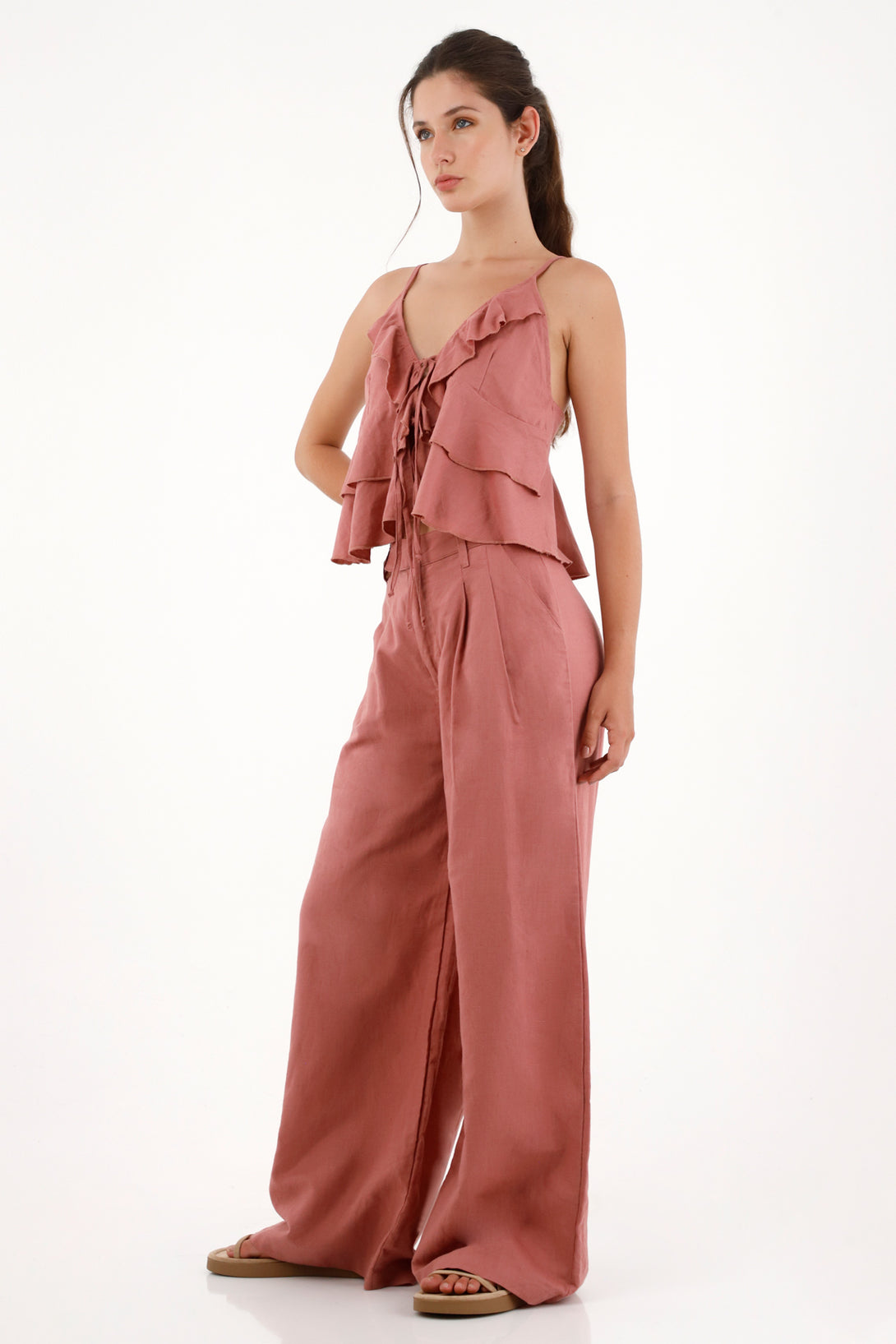 Pantalón Wide Leg con prenses rosado para mujer