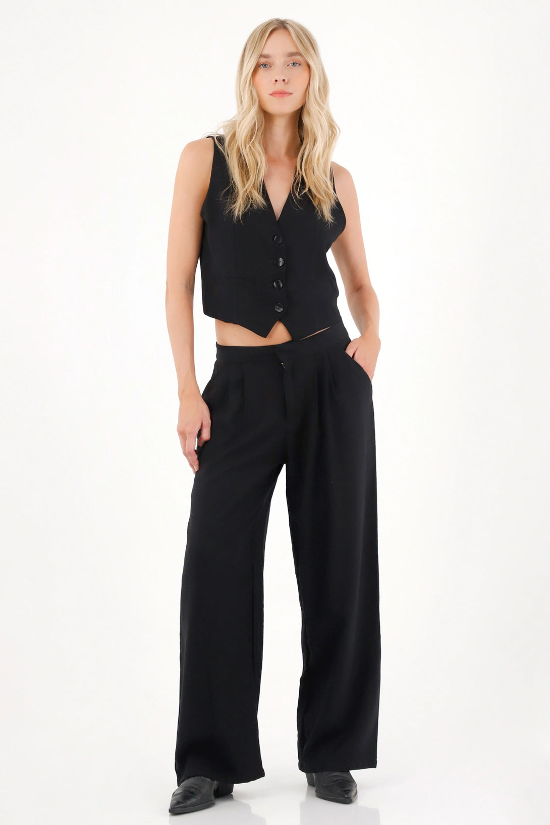 Straight Leg Pants with Front Pleats in Black for Women
