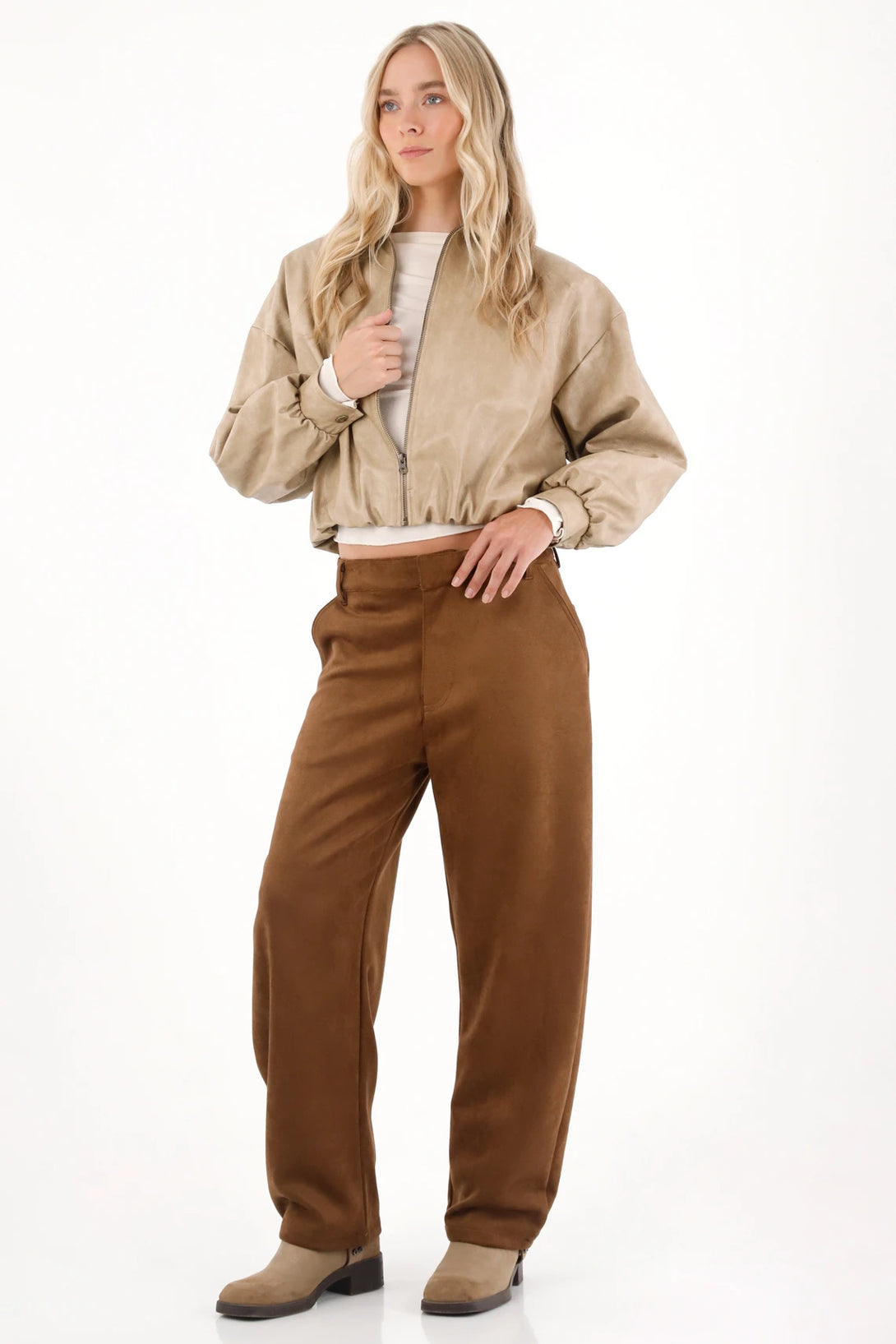 Women’s Straight Brown Polyester Stretch Pants with Soft Texture