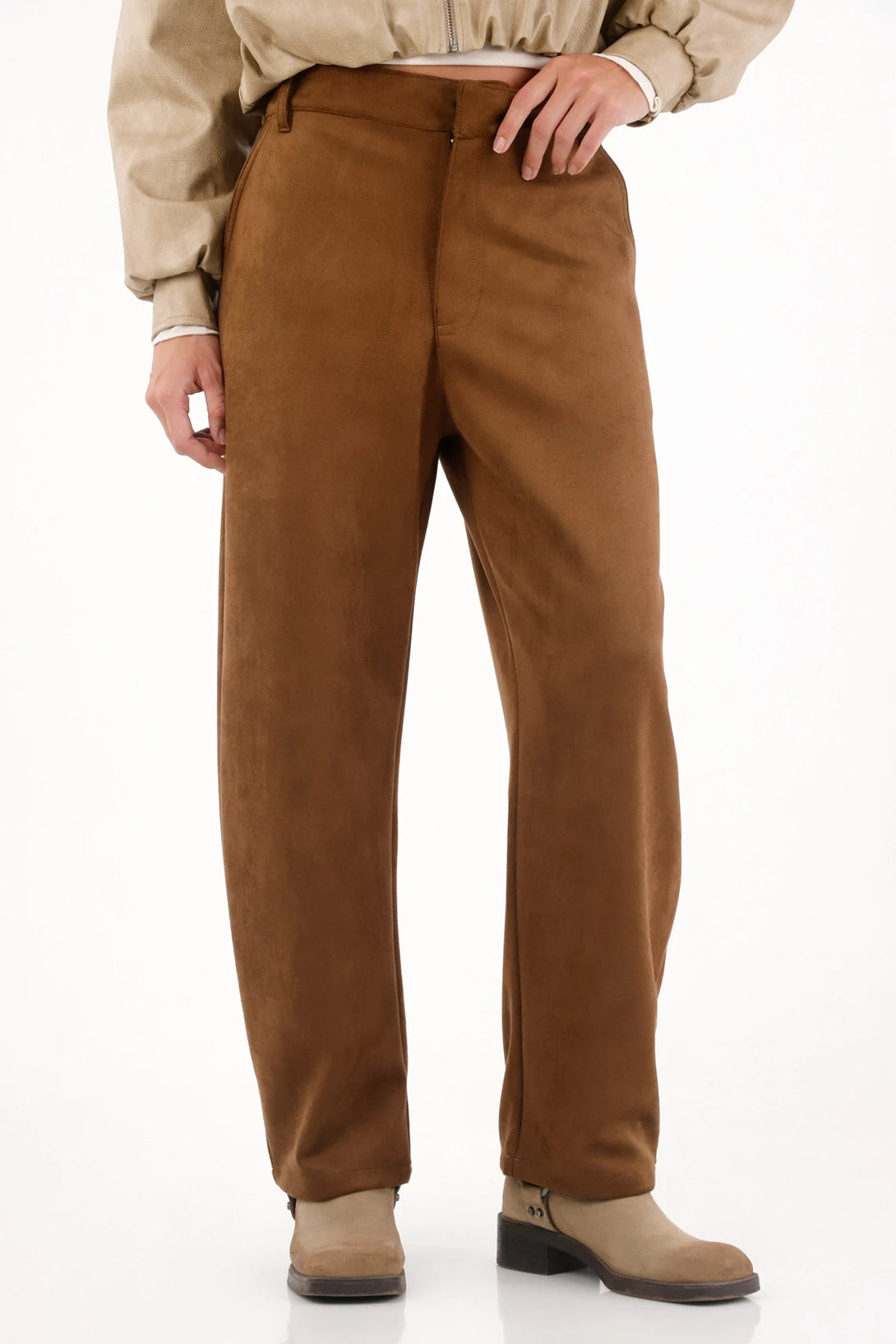 Women’s Straight Brown Polyester Stretch Pants with Soft Texture