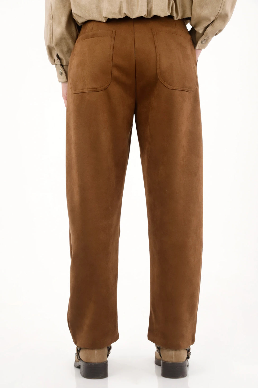 Women’s Straight Brown Polyester Stretch Pants with Soft Texture