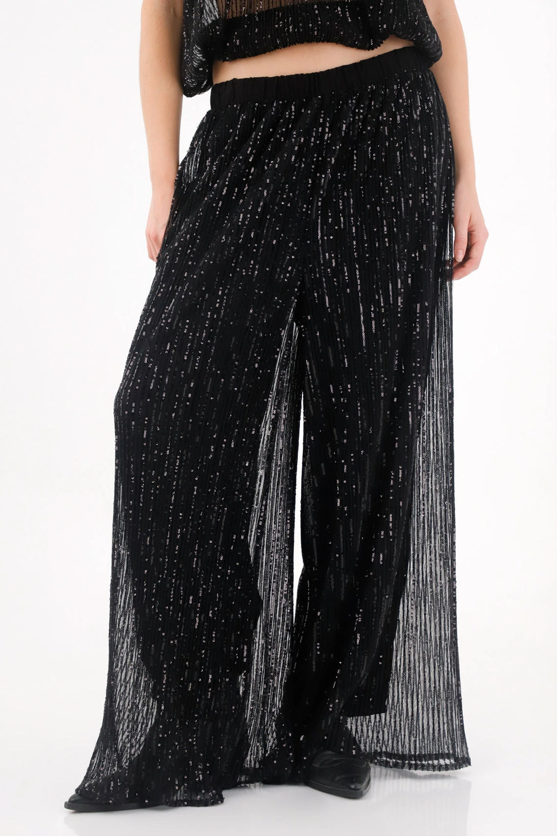 Pantalón Wide Leg de lentejuelas negro para mujer