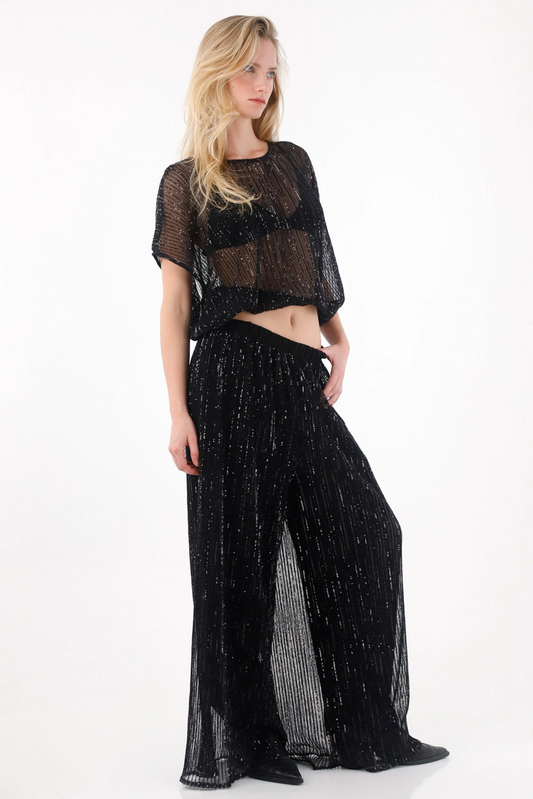 Pantalón Wide Leg de lentejuelas negro para mujer