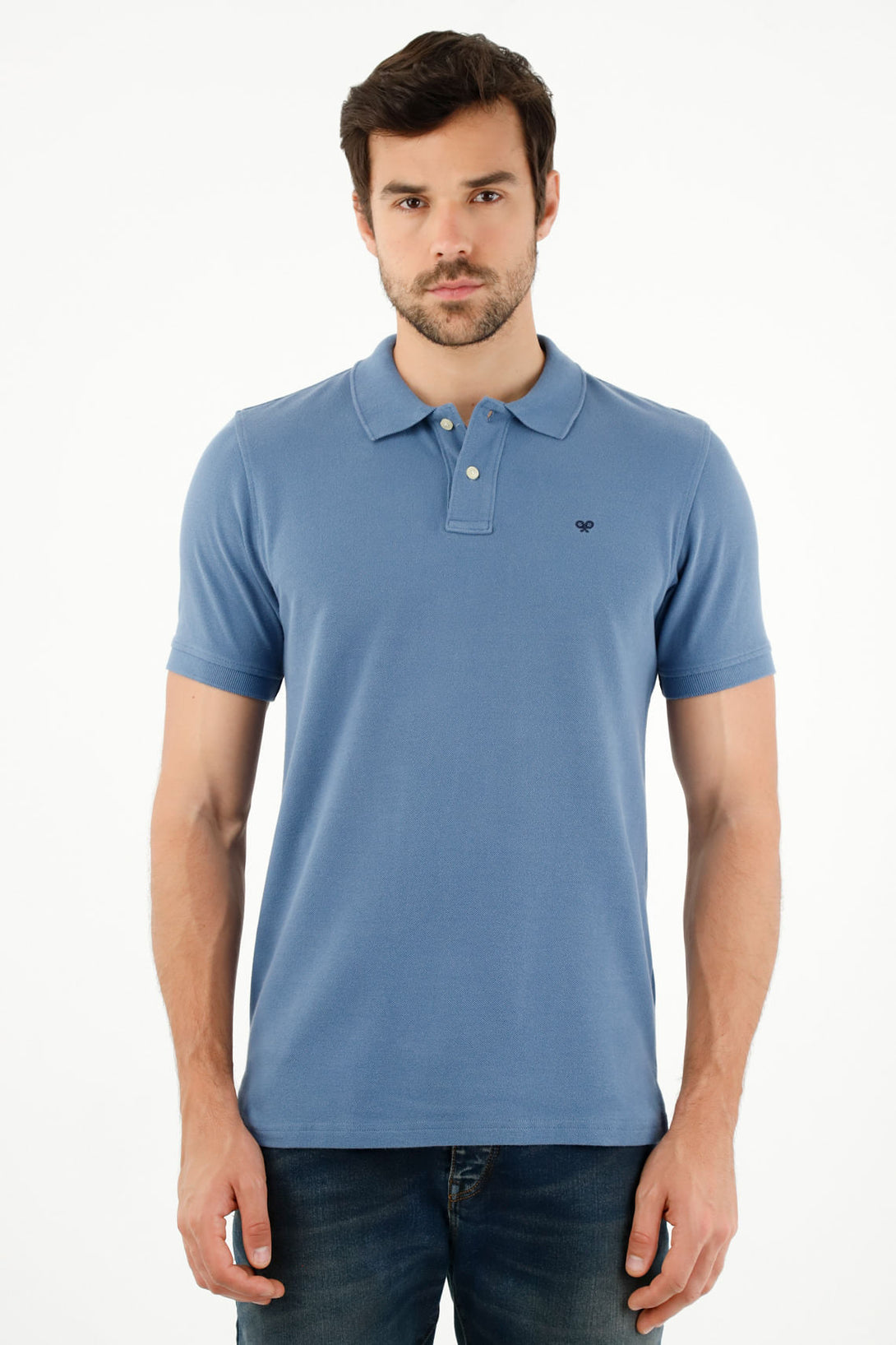 Men's Blue Polo Shirt with Multicolor Racket Design