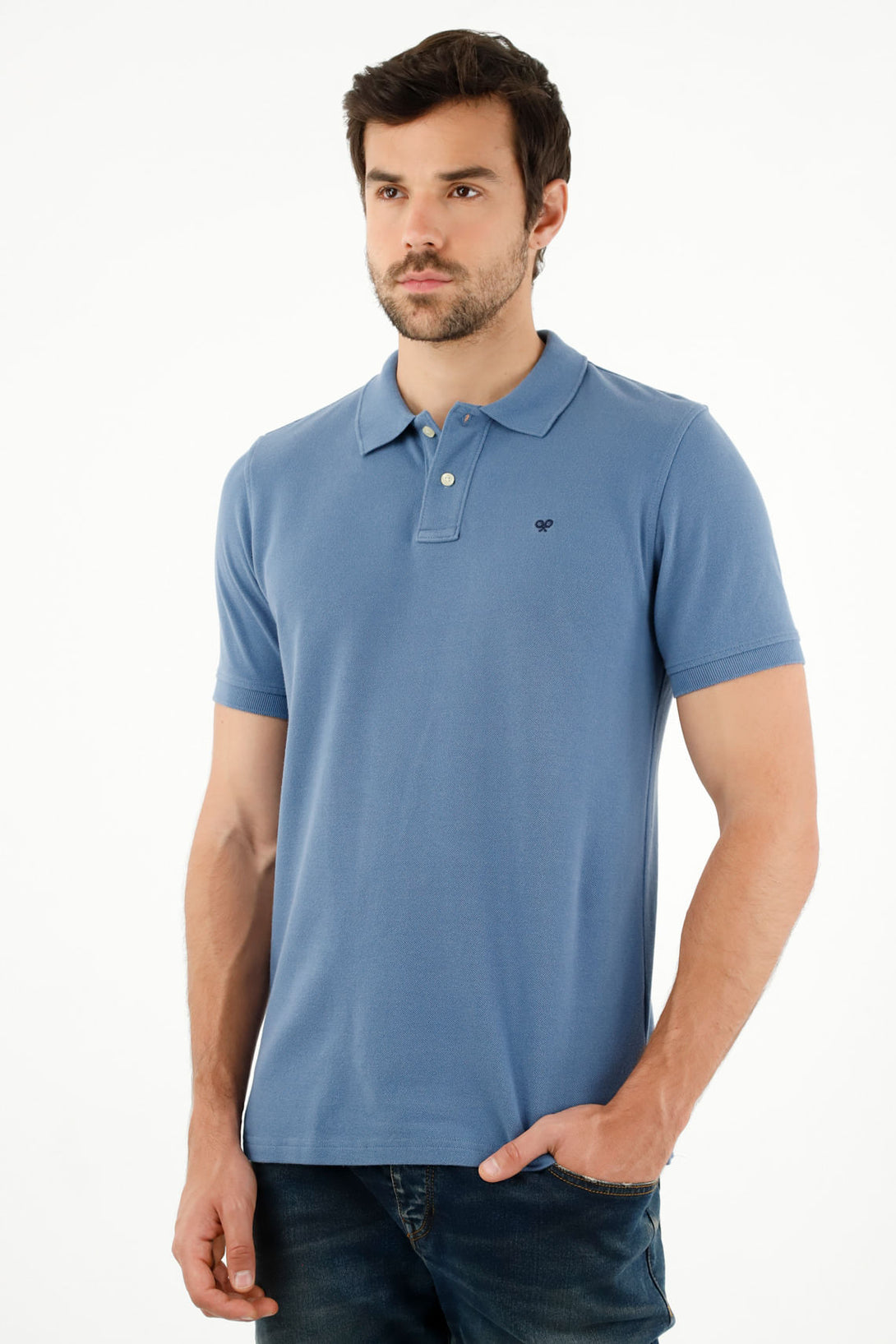 Men's Blue Polo Shirt with Multicolor Racket Design