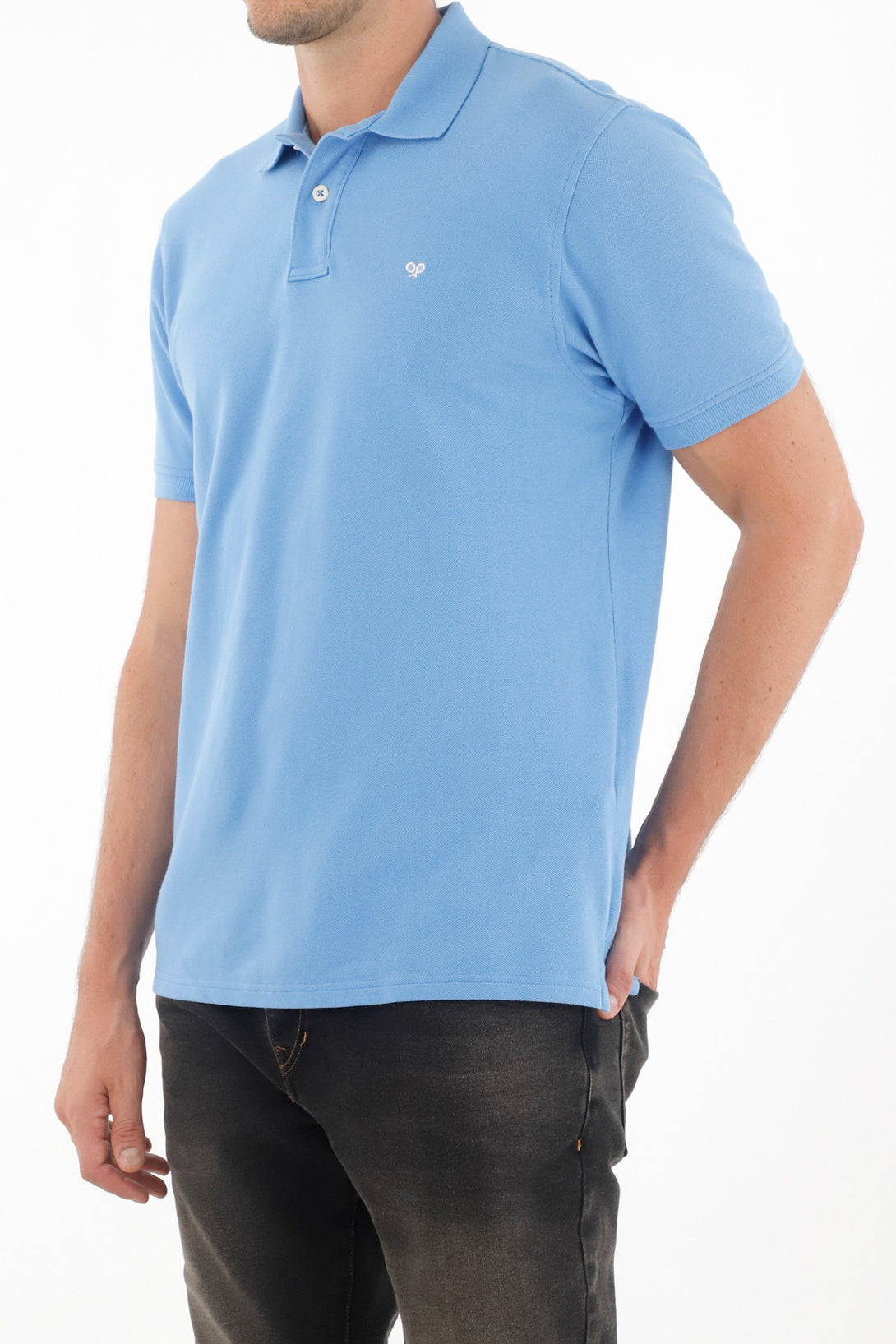 Men's Blue Polo Shirt with Multicolor Racket Design