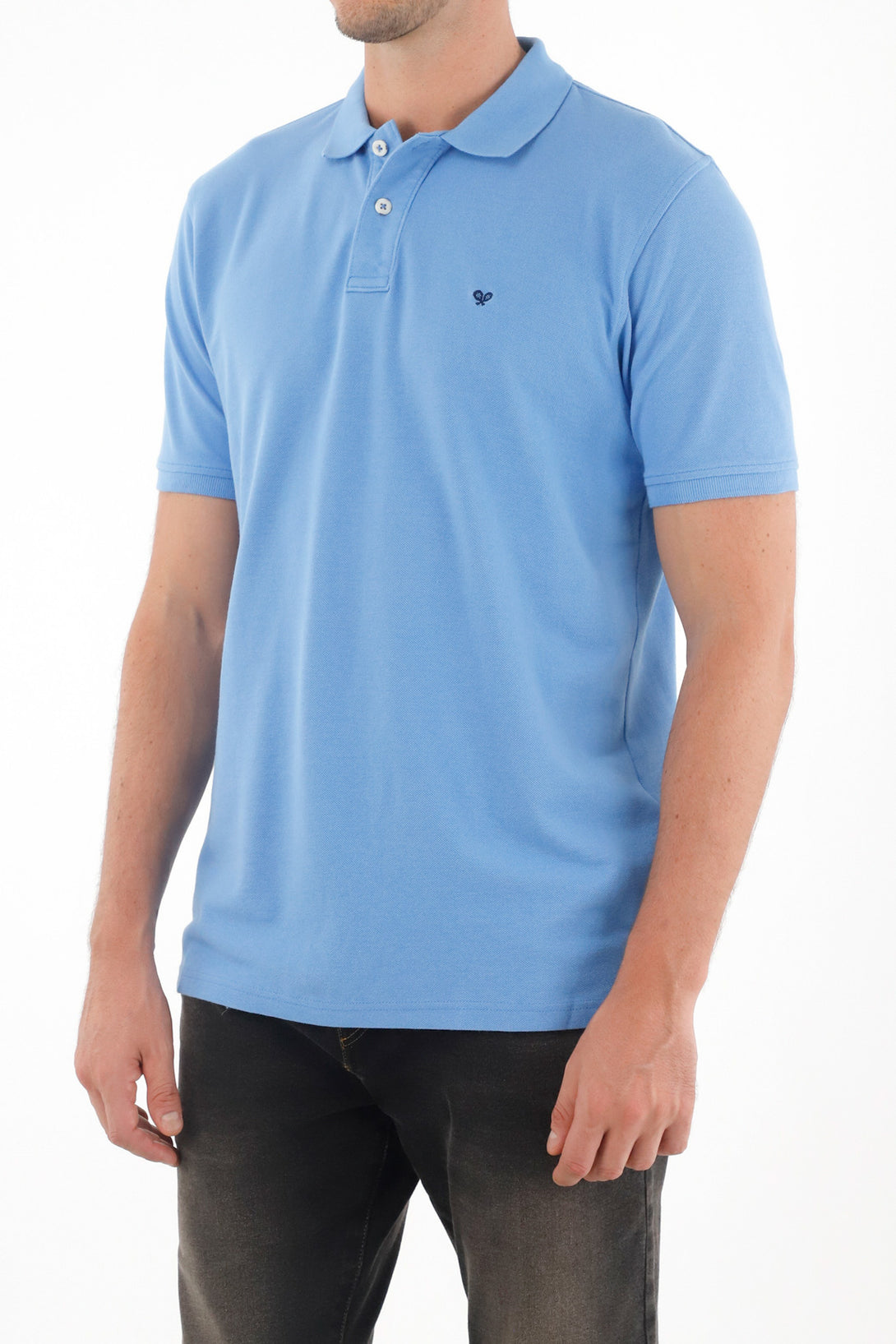 Men's Blue Polo Shirt with Multicolor Racket Design