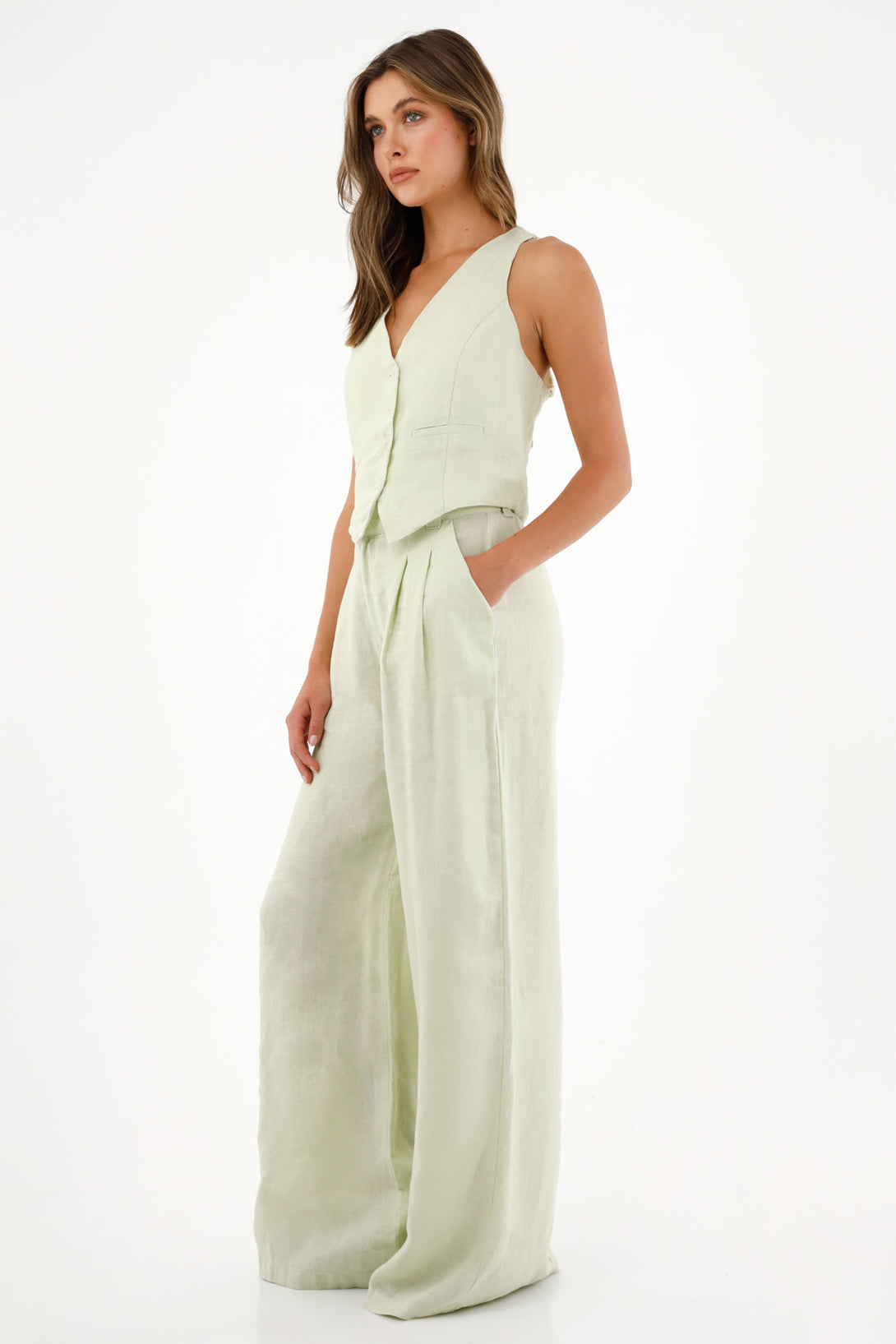 Chaleco en lino verde para mujer