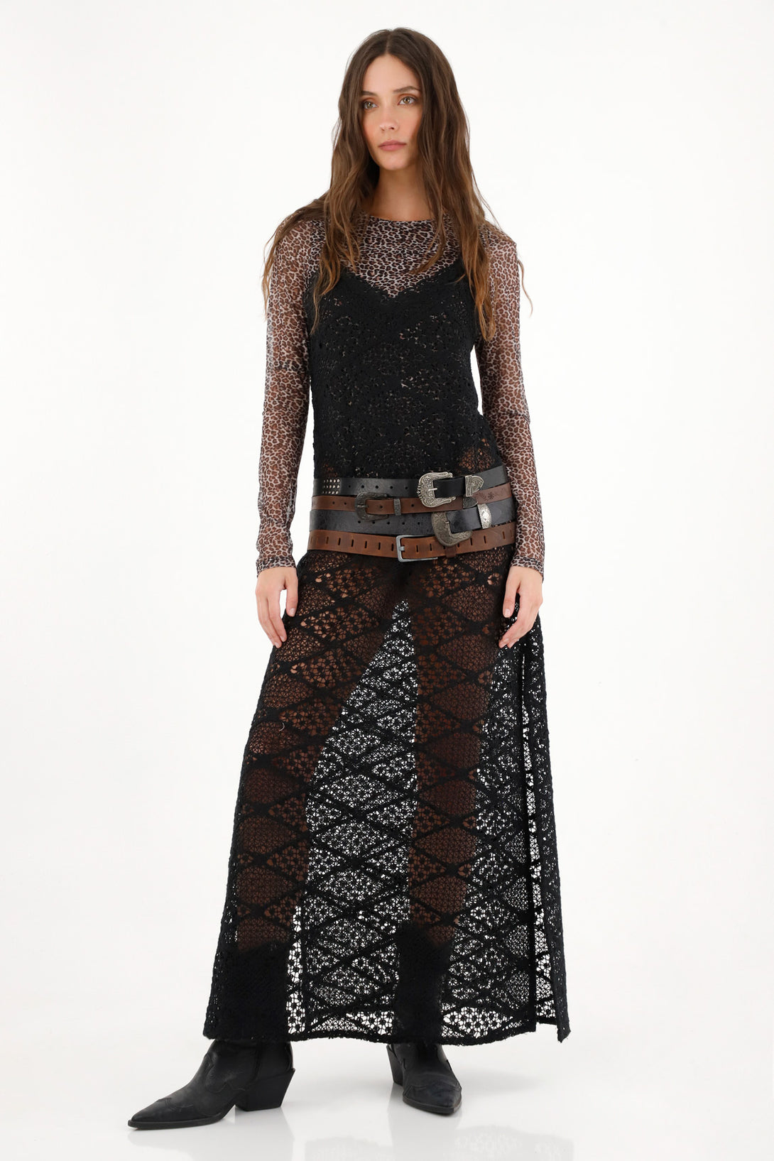 Vestido negro en encaje de tiras para mujer