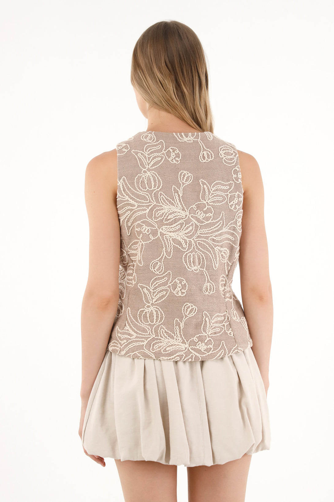 Women's textured vest with brown embroidery